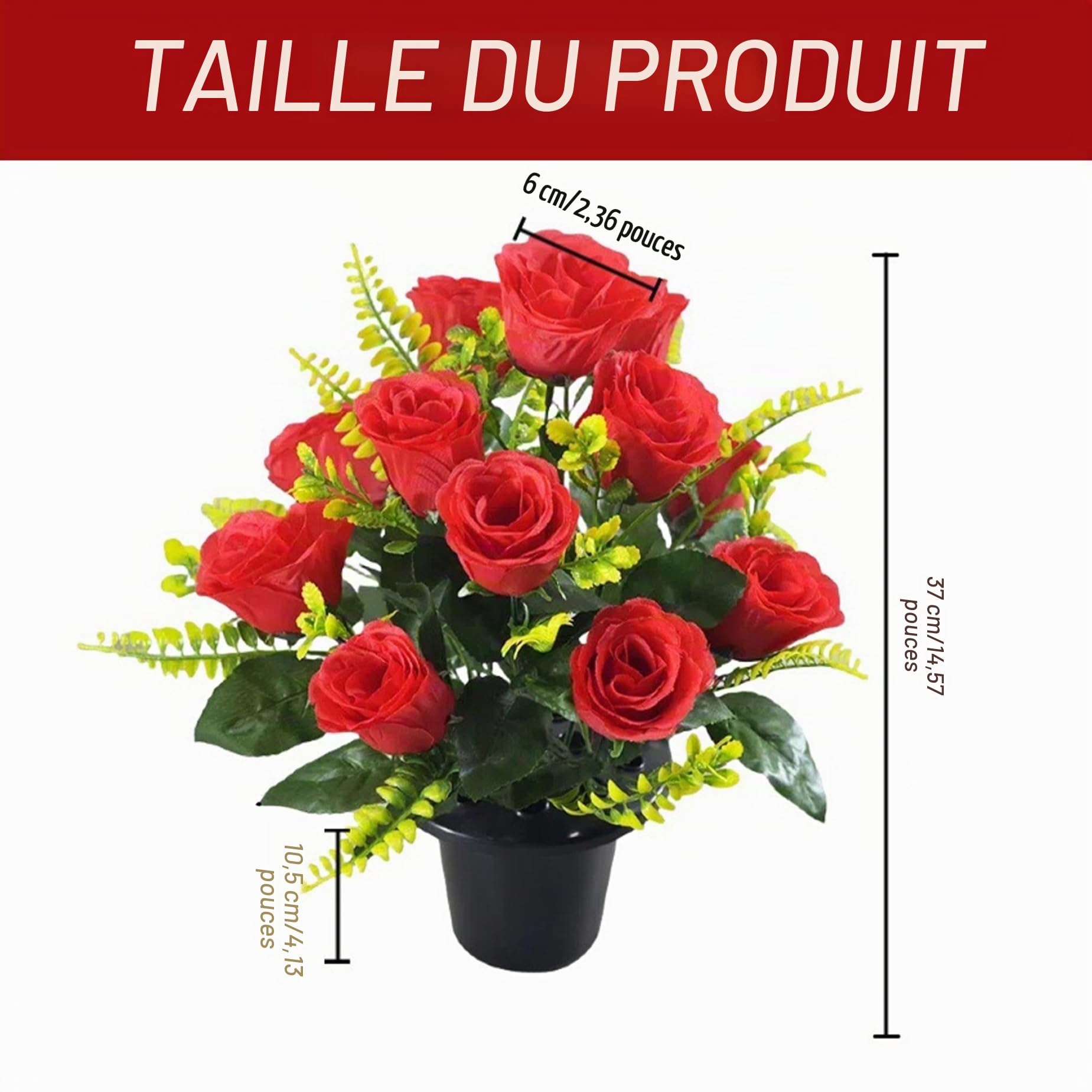 Roses de Fleurs Fleurs de cimetière en Pot avec des têtes en Tissu Soie, des Roses artificielles avec Une Plante en Pot à Faible Entretien pour la Tombe, Le cimetière et Les f