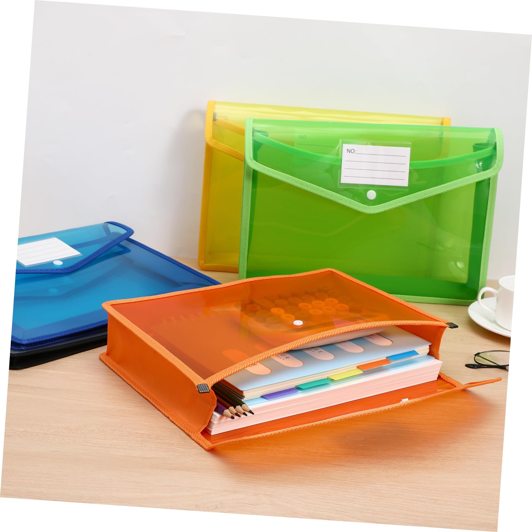 Generico 7 Pezzi Borse Trasparenti per Documenti con Chiusura Pulsante per Ufficio Scuola e Casa Organizer Documenti Vari Arancione