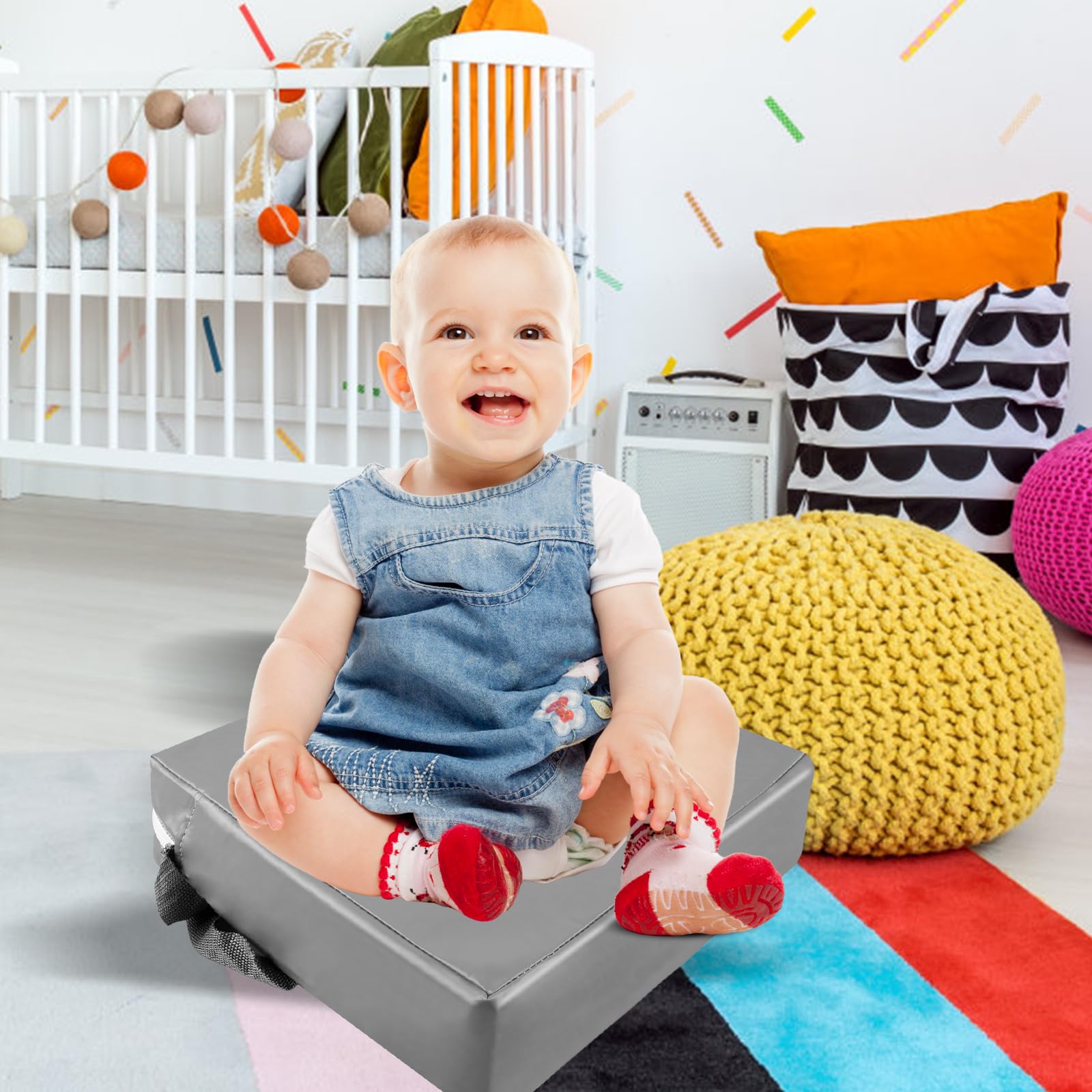 Seduta rialzata per bambini, 10 cm, impermeabile, in tessuto Oxford per bambini, con fibbia di sicurezza, lavabile, smontabile, quadrato, per casa, in viaggio (grigio)
