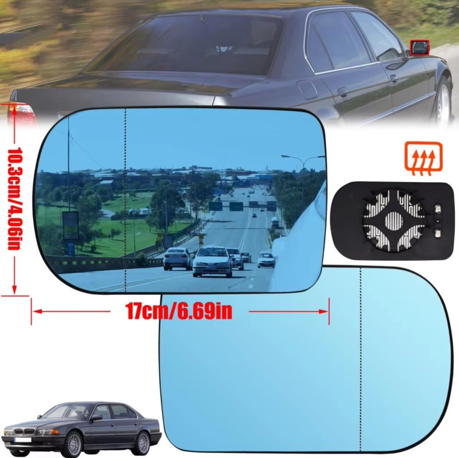 Universelles Spiegelglas Kompatibel Mit Für 5 Series E39 2000 2001 2002 2003, Fahrer- Und Beifahrertür-Seitenspiegelglas Beheizt Blau Mit Platte