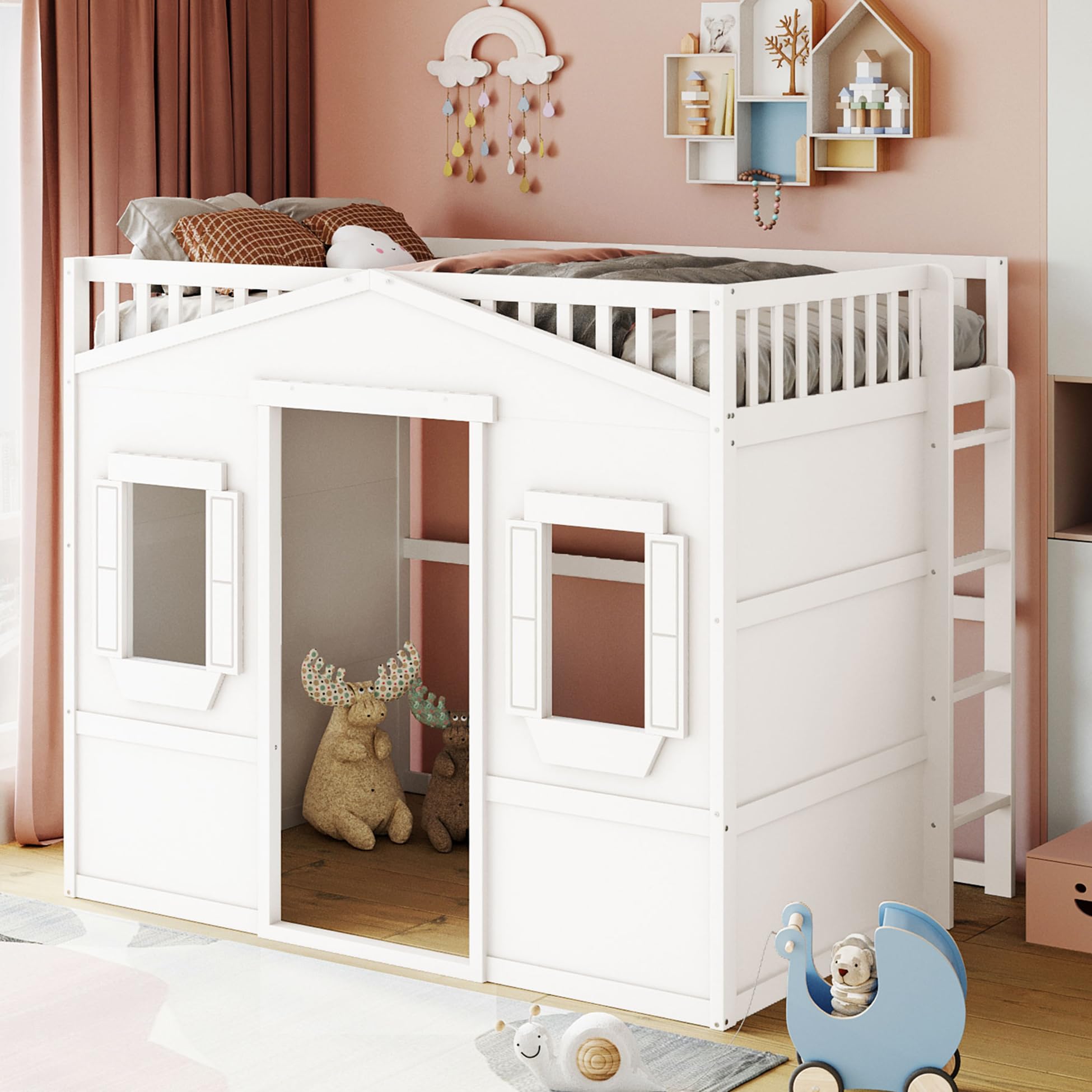 Harper & Bright Designs House Loft Bed Full Size Kids Playhouse Bed, Solid Wood Loft Bed Frame with Window and Ladder, for Kids Teens Adults (Full