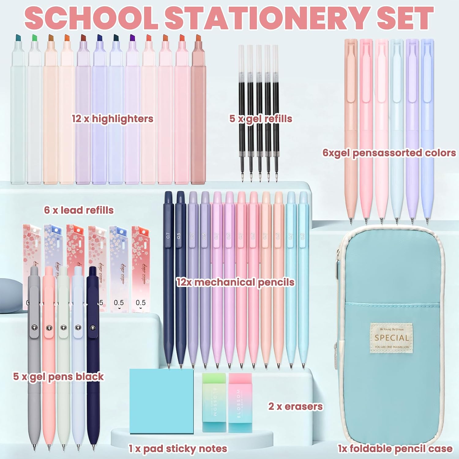 50 PCS Aesthetic School Supplies with Cute Pen Case,12 Pastel Highlighters,5 Black Ink Gel Pens, 12 Mechanical Pencils Set 0.5 & 0.7 mm 6 Color Gel Pens for Students Stationary College Essentials Blue image 2