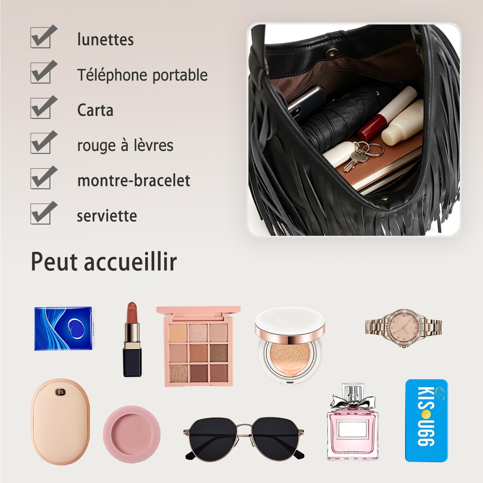 Sac à Main Femme avec Franges Sacs Portés Épaule en Cuir PU Style Bohème Chic Sac sous-Bras pour Idée Cadeau Usage Quotidien Noir