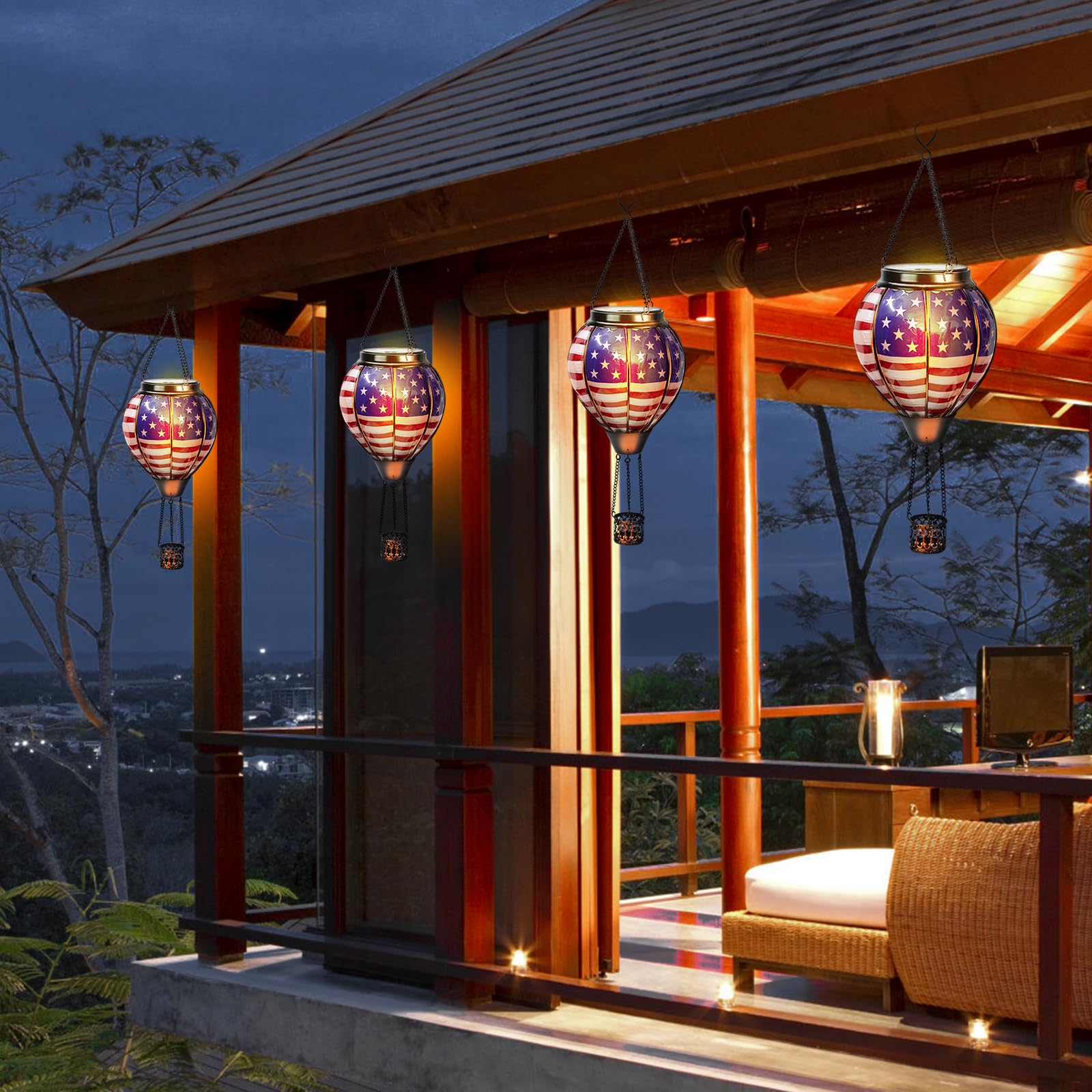 Condition photo showing New/Like New for larekook solar hot air balloon lantern with flame flickering,glass hot air balloon solar lantern outdoor waterproof hanging garden light for patio porch yard,birthday gifts for women(american flag)