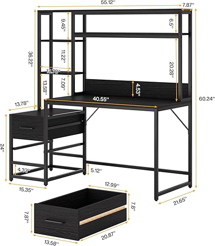 Miniatura 2 de Tribesigns Escritorio para computadora de 55 pulgadas con 2 cajones y estantes de almacenamiento, escritorio de oficina rústico con gabinete, mesa