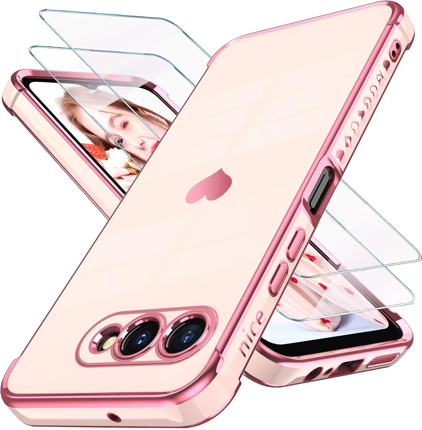 Dretal for T-Mobile REVVL 8 Phone Case with 2X Screen Protector, for Girl Women Cute Girly Love-Heart Luxury Gold Soft Cover Camera Protection Bumper Silicone Shockproof Phone Case for Revvl 8 (Pink)