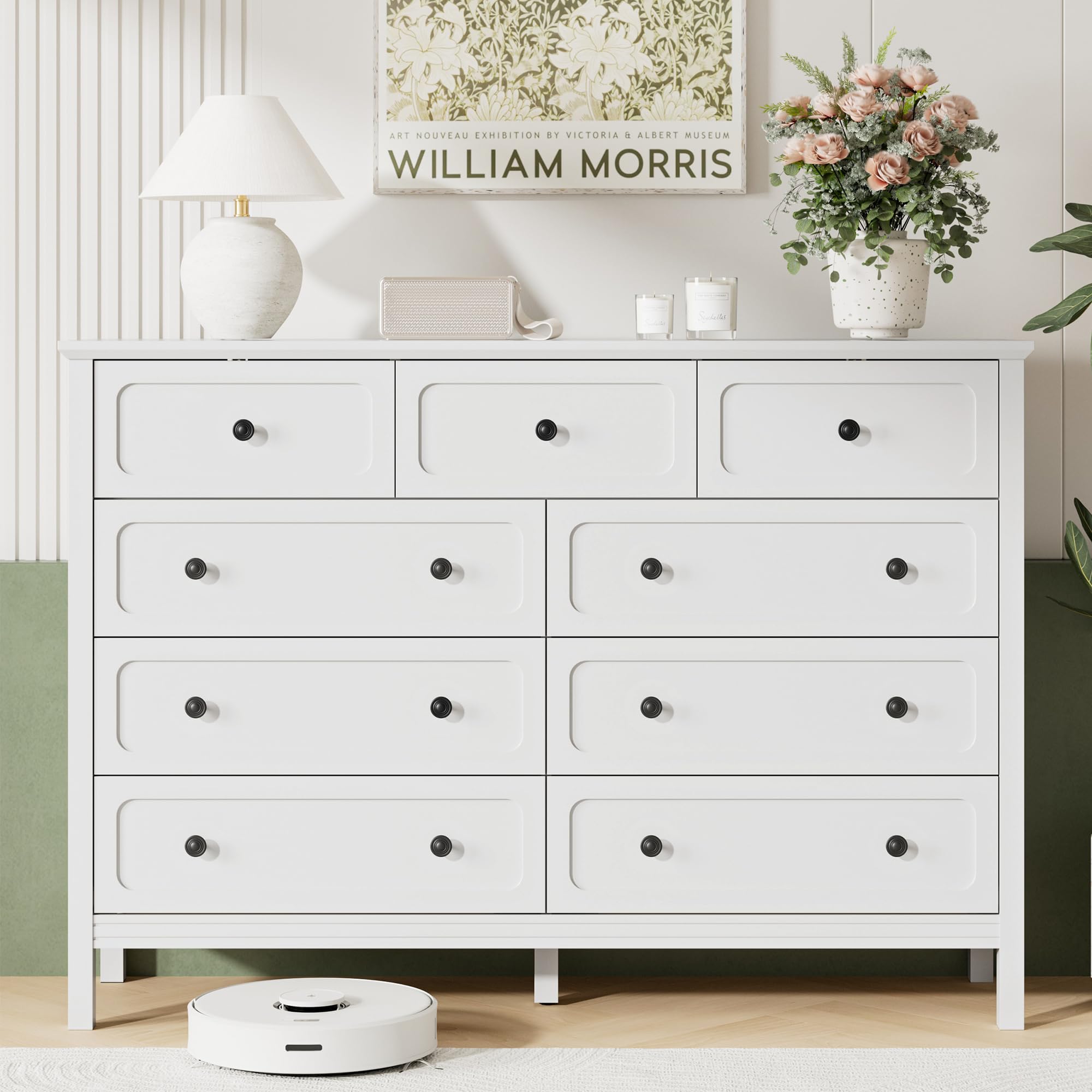 Tradare White Dresser for Bedoom, Modern Chest of Drawers, Wood 9 Drawer Dresser with Metal Handles, Modern Dressers & Chest of Drawers for Living