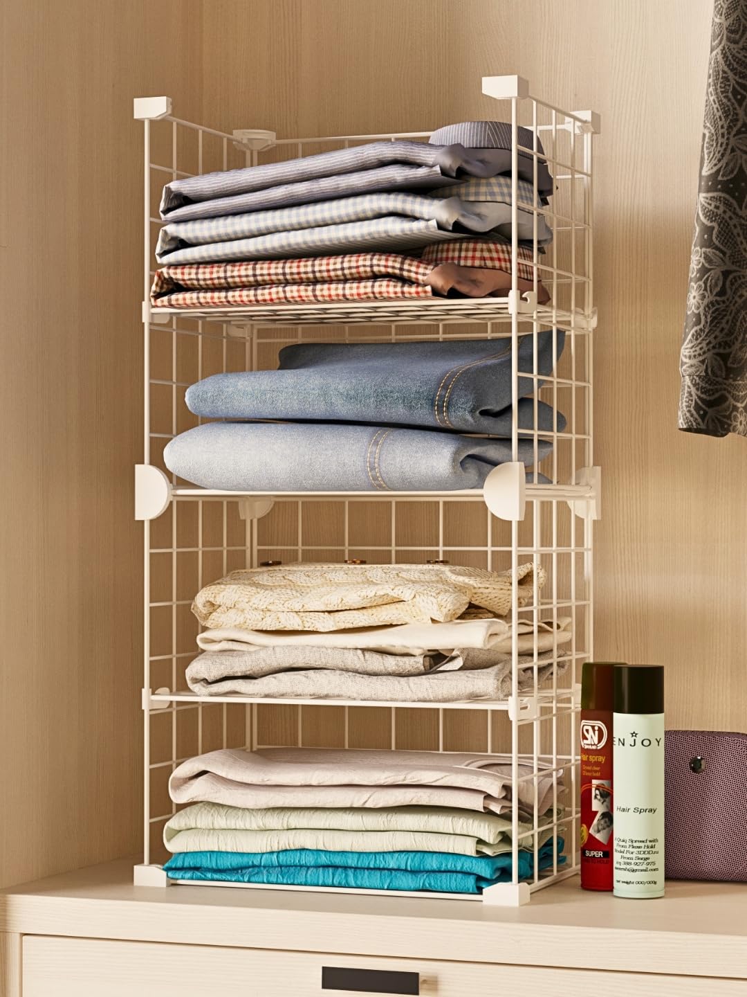 BOXJOY 4 Tier Metal Shelf Organizer for Wardrobe | Adjustable Almirah Divider for Clothes | Cupboard Dividers and Partitions | Organiser Rack for Cloth Storage | Multipurpose Stand for Closet | White