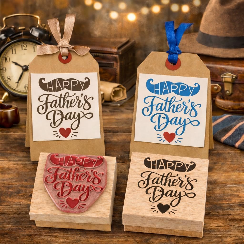 Happy Father’s Day Rubber Stamp 2x2 Wooden Groove Handle Stamp with Clear Impressions Shaped Cut Design Includes Storage Tin