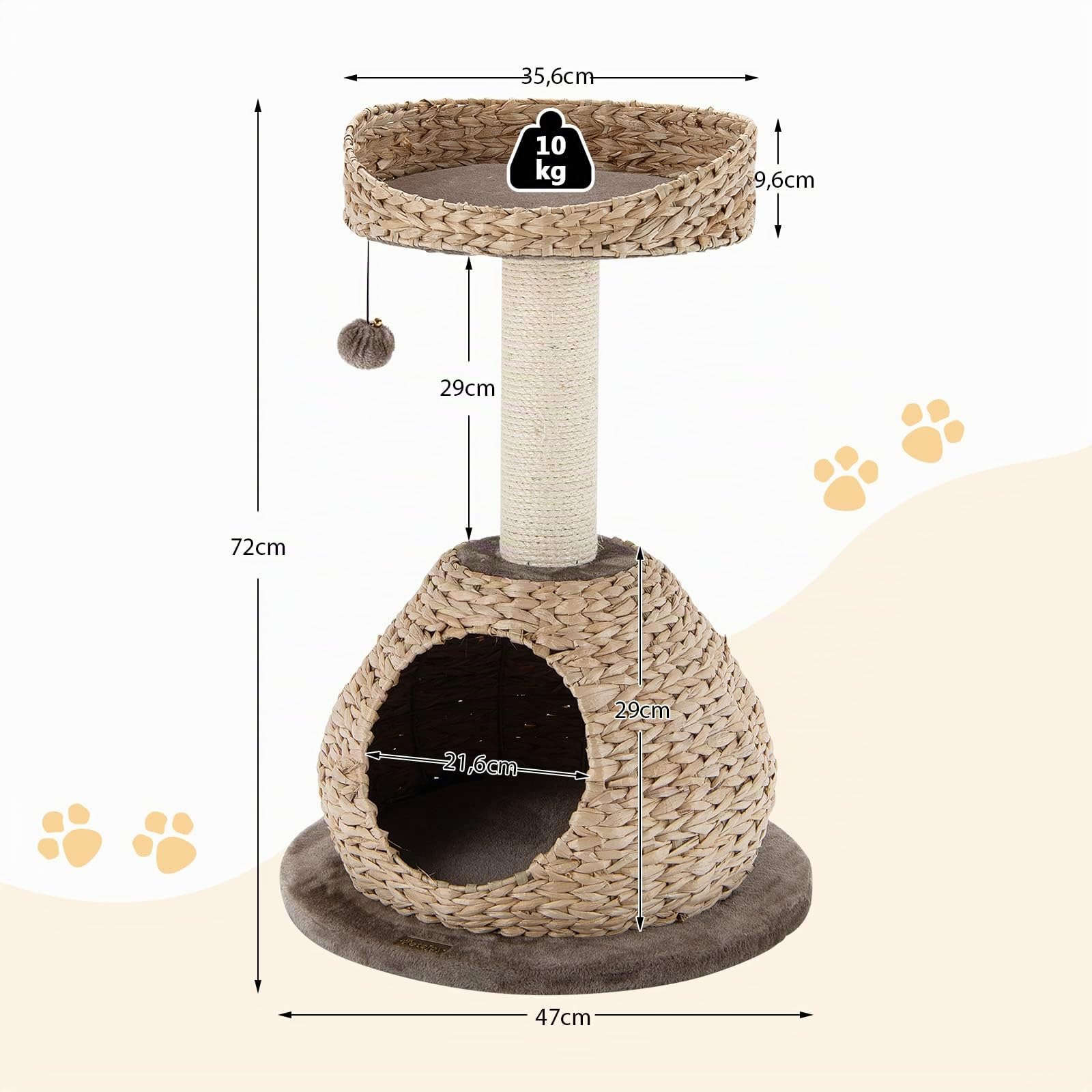 GOPLUS Arbre à Chat 72 CM en Tige de Massette, 2 Niveaux, avec Plateforme, Niche, Poteaux en Sisal, Coussin Souple, Boule pour Chats et Chatons, Marron et Beige