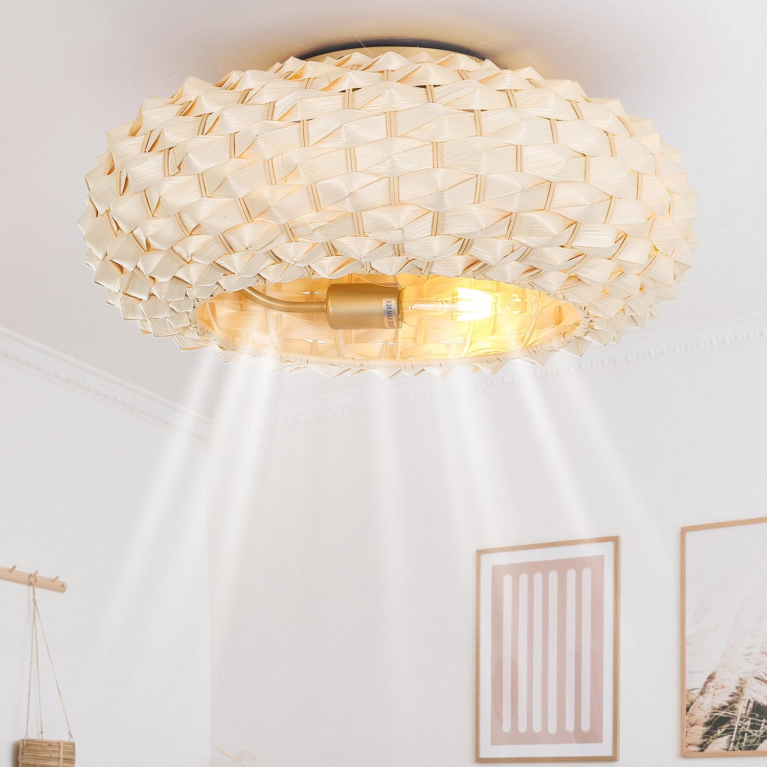 luansky 20 Inch White Boho Ceiling Fan with Light, Enclosed Rattan Ceiling Fans with Lights, Unique Flush Mount Caged for Bedroom Living Room