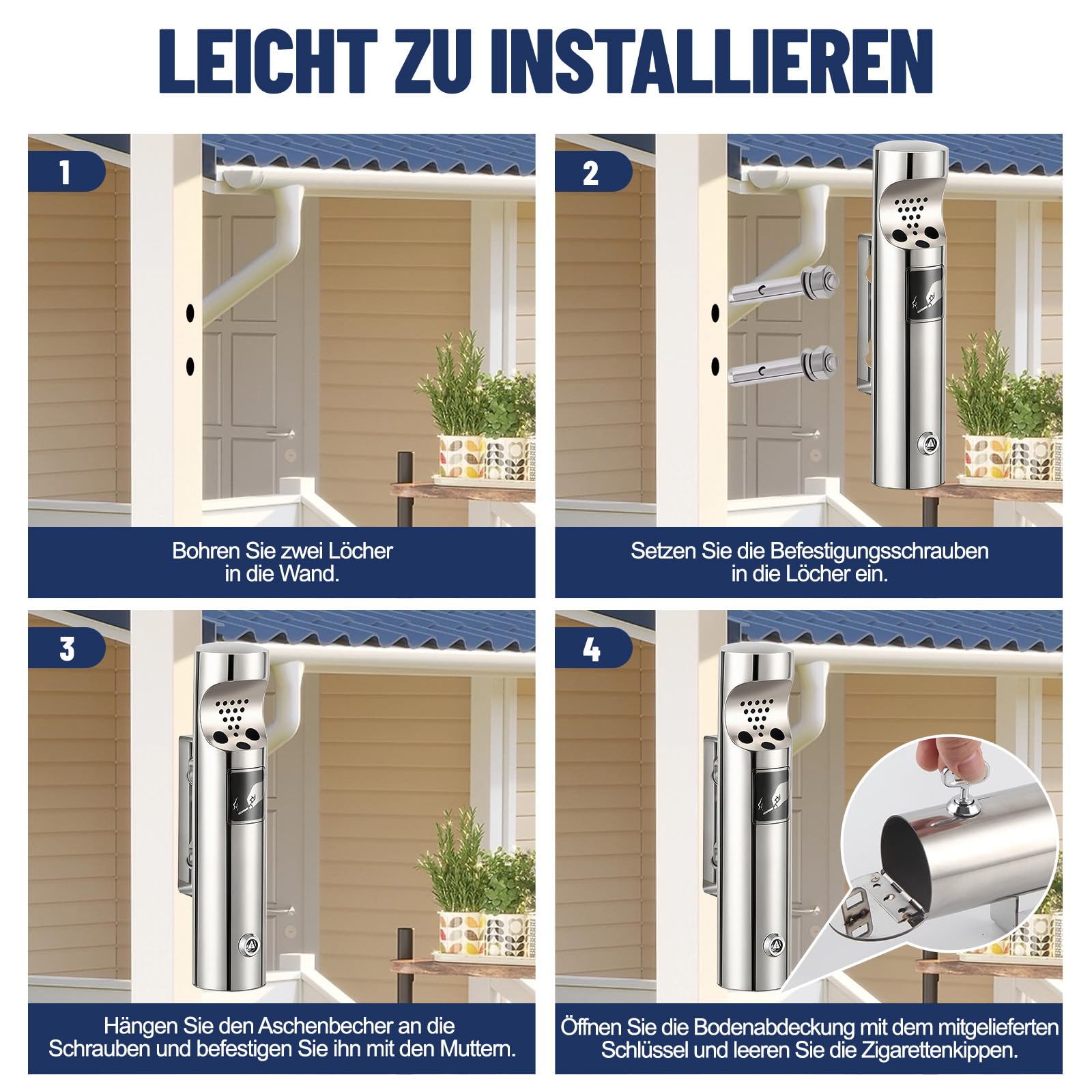Aschenbecher Wandmontage Edelstahl, Wandaschenbecher für Draußen, Standaschenbecher mit Schloss für Terrasse Pub Bar Büro Hotel Restaurant (1 Stück, Silber)