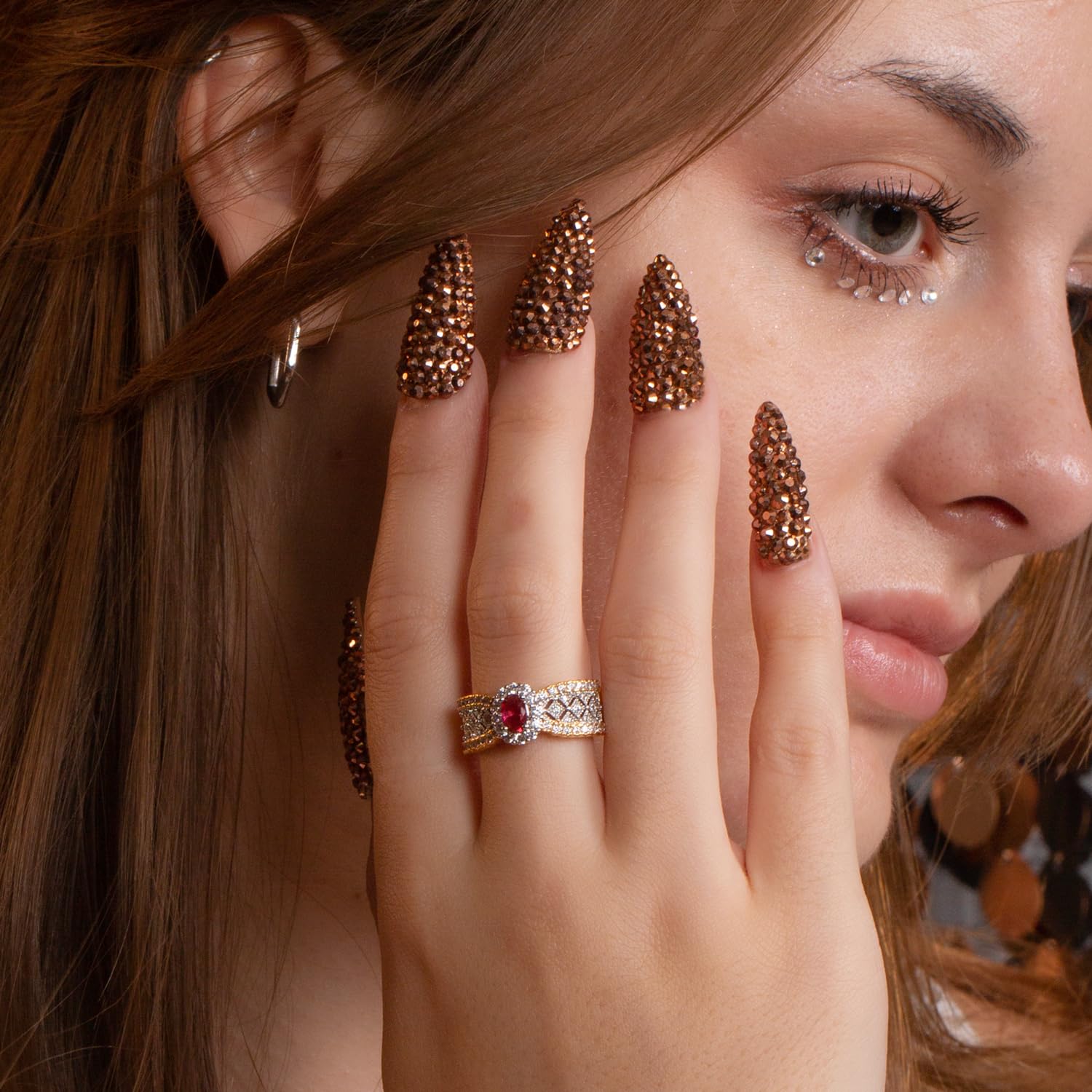 LOVFUL Press on Nails Classic Golden Rhinestone | Handmade with Full Covered Crystals | Reusable Fake Nails | Stiletto Classic Regular 1.3 in | H148-M