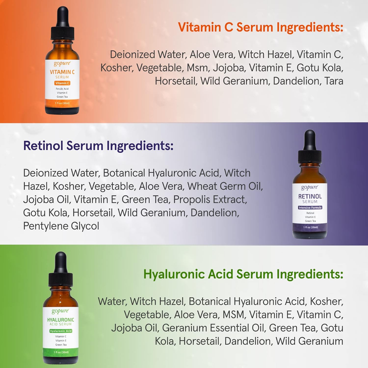 goPure Facial Serum Trio set - Vitamin C Facial Serum, Pure Hyaluronic Acid Serum & Retinol Serum For Face - 3 Count x 1 fl. oz. : Beauty & Personal Care