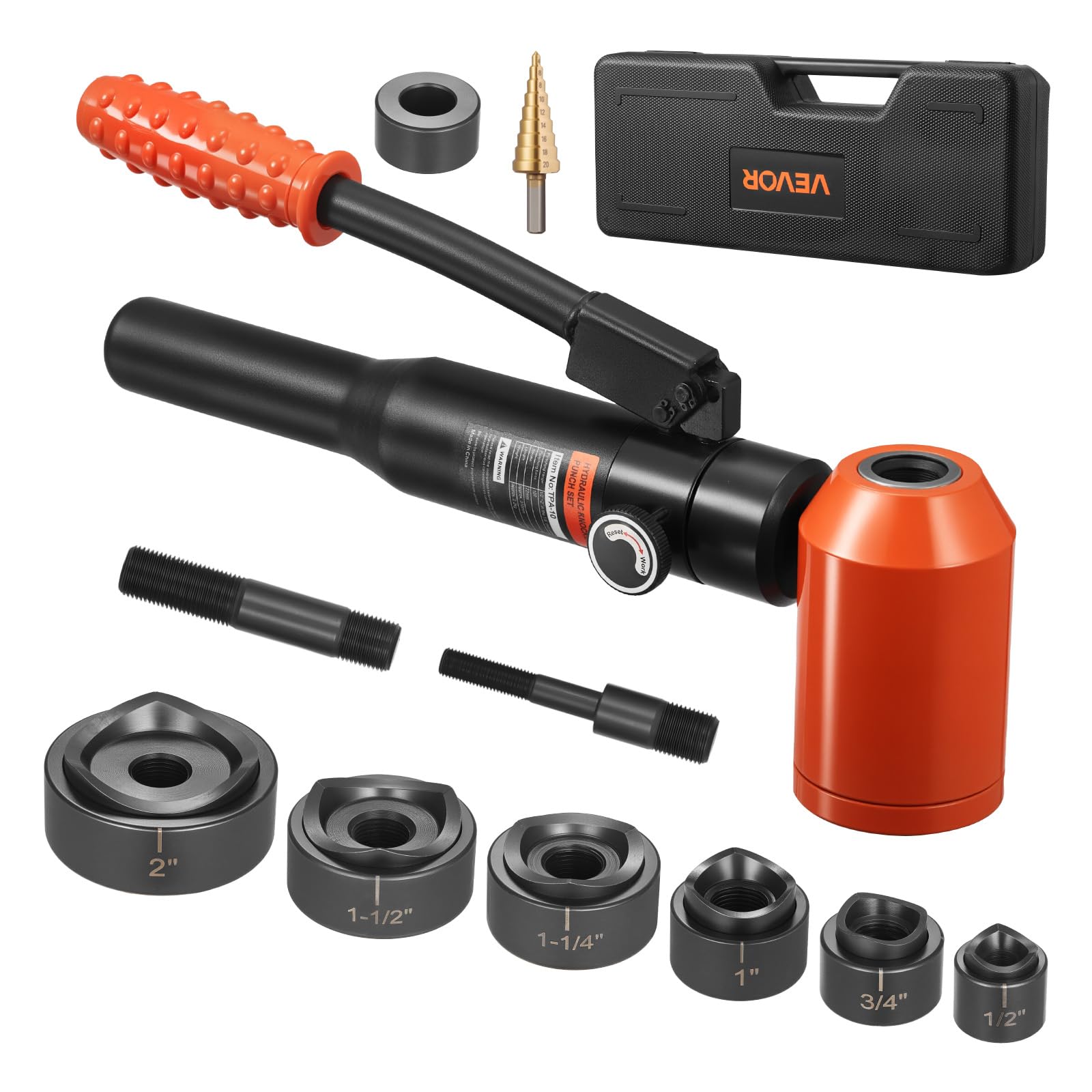 VEVOR Kit di Perforazione Manuale, Set di Punzoni Idraulici da 10 T Kit di Utensili KO per Realizzazione di Fori 1,27 a 5,08 cm con 6 Matrici per Armadi in Metallo, Controllo e Quadri Elettrici