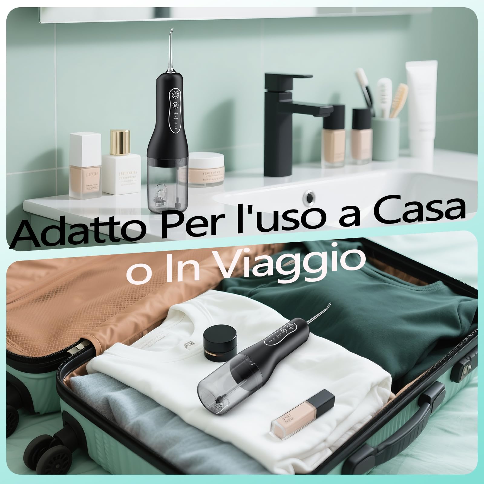 Idropulsore Dentale Portatil, Irrigatore Orale Senza Fili 4 Modalità e 5 Ugelli Ricambio, Water Flosser per Pulizia Giornaliera e Pulizia Profonda, Water Flosser Adatto per Viaggi e Uso Domestico
