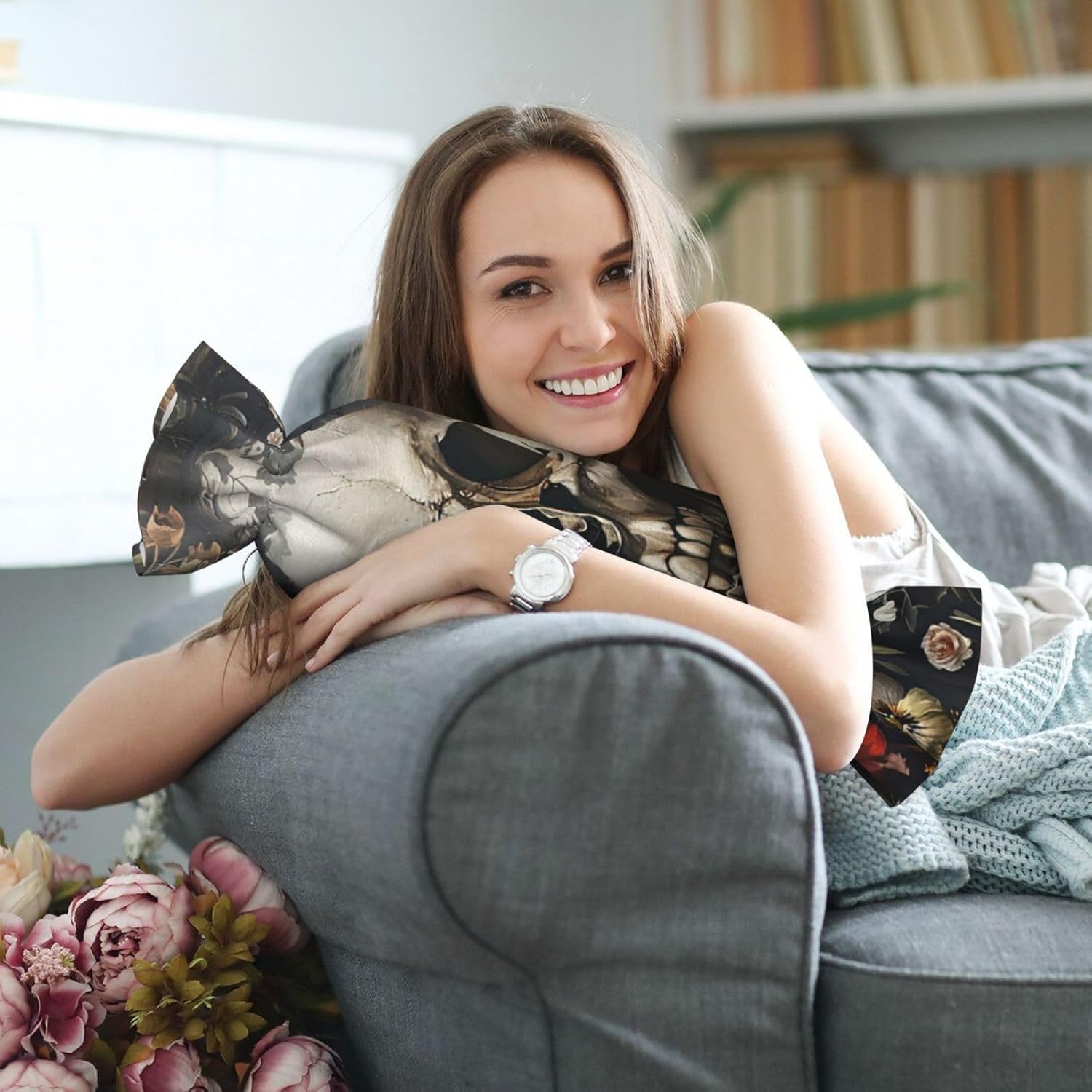 Floral Skull Print Candy Cylindrical Comfortable Pillow Throw Pillows Home Decor Easy Maintenance