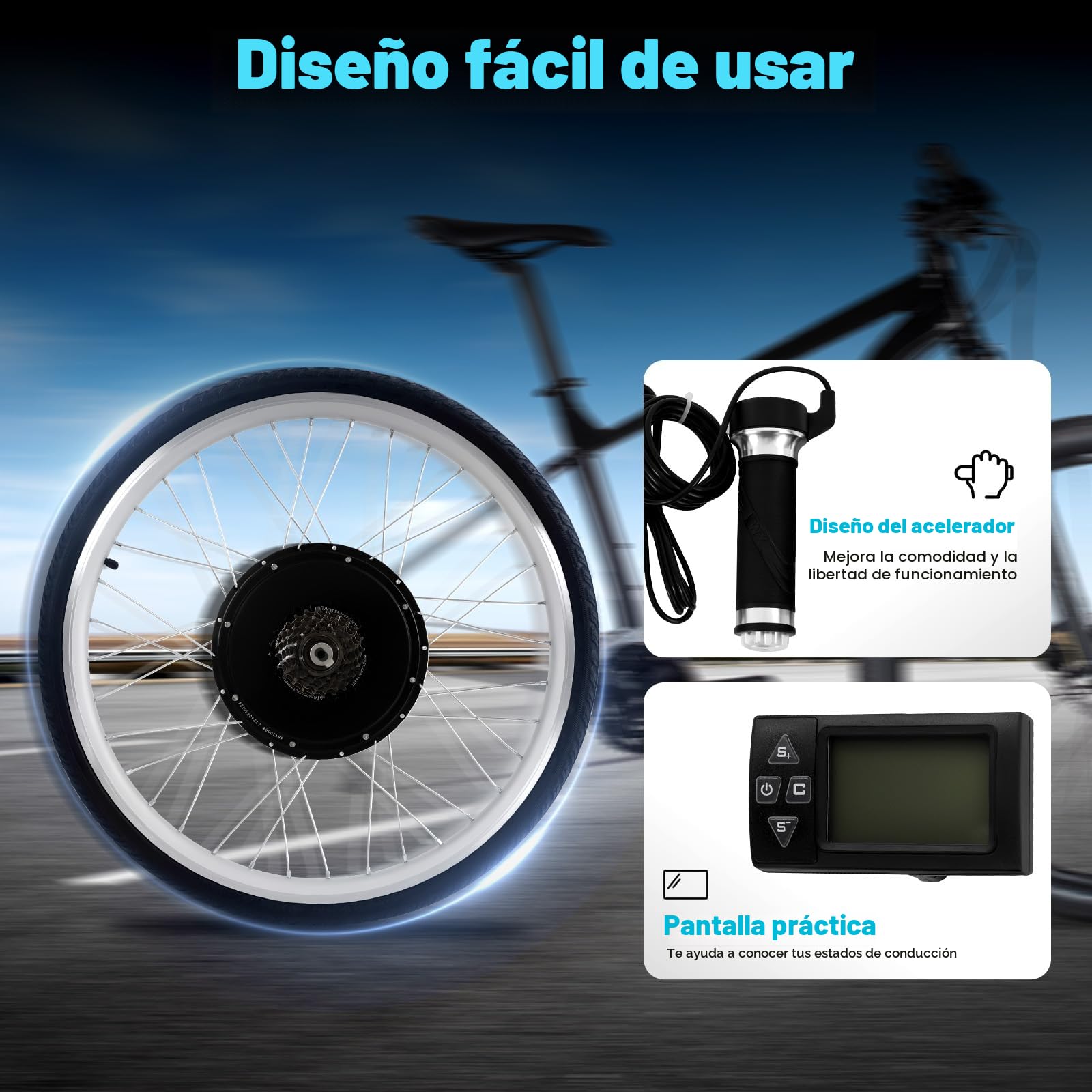 Kit de conversión para bicicletas eléctricas con pantalla LCD, bicicleta eléctrica de 26 pulgadas 48 V 1000 W Kit de conversión para bicicletas eléctricas, motor central para bicicletas eléctricas
