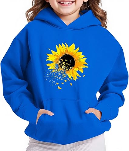 Girls Oversized Hoodies Cute Flower Graphic Hooded Sweatshirt Tops Winter Long Sleeve Pullover Sweater with Pockets(Blue,7 Years)