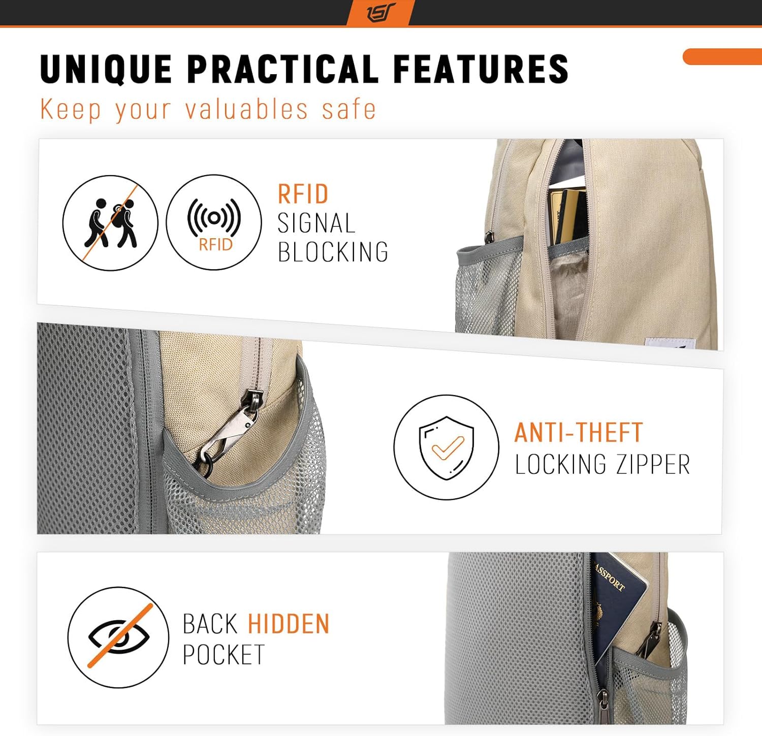 SKYSPER Sling Bag RFID Crossbody Sling Backpack Cross Body Shoulder Travel Bag Hiking Daypack for Women Men(Beige) - Image 3