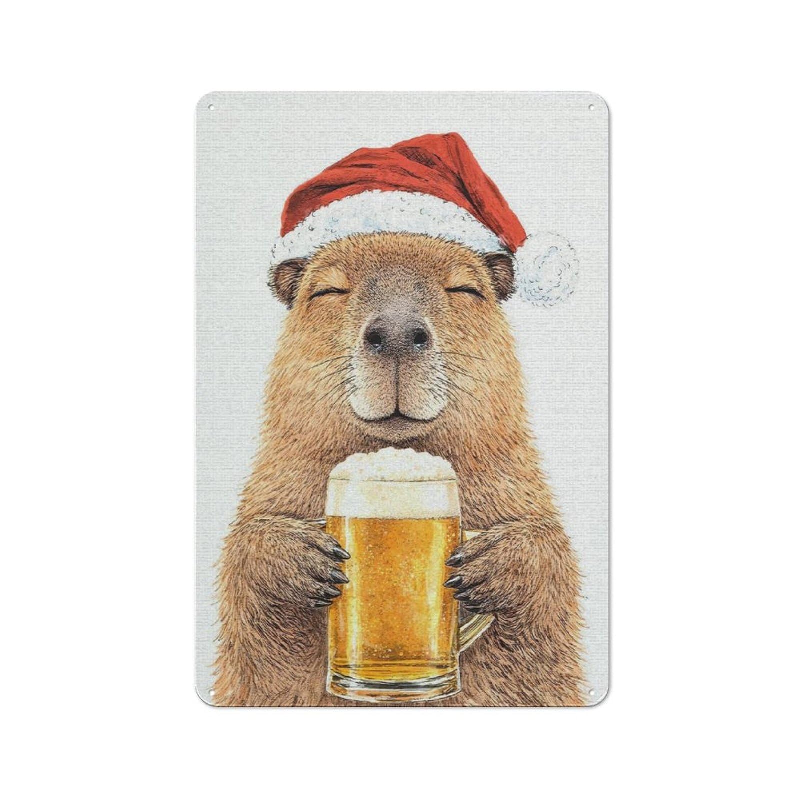 Junmoney Style-17 Retro Tin Sign 30X20cm Featuring Capybara In Santa Hat With Beer For Workshop Wall, Gift For Makers And Diy Enthusiasts During The Christmas Season