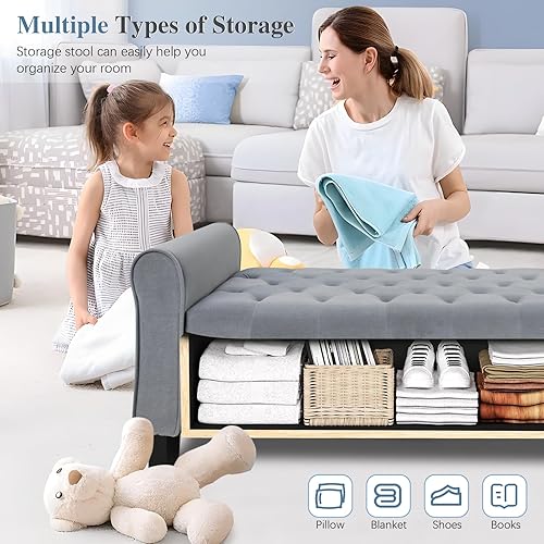 Miniatura 7 de ECOMEX Banco de almacenamiento de terciopelo para dormitorio, banco de extremo de cama con diseño de ventana de brazo enrollado, banco grande gris