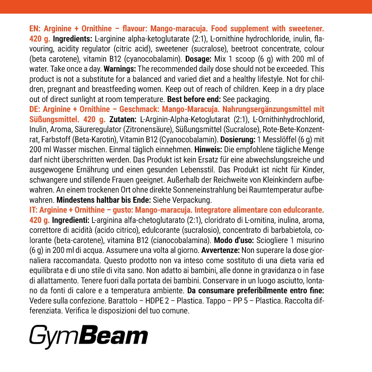 GymBeam L-Arginina + Ornitina, Integratore Funzionale con Vitamina B12, Benefici per Flusso Sanguigno Muscolare, Riduzione della Fatica, per la Salute della Psiche (420 g, Mango-Maracuja)