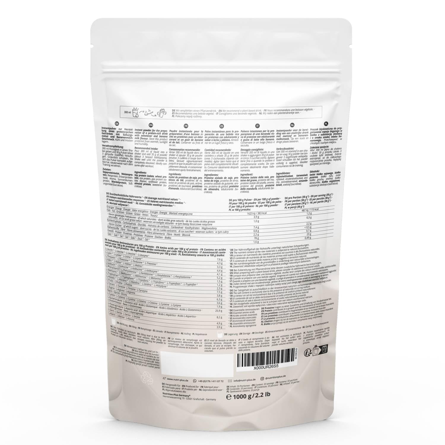 nutri+ 6K Vegan Protein Powder 1 kg - a Base Vegetale - Banana Milk - con Isolato di Proteina di Piselli Soia Riso Grano Girasole Mandorla - senza Lattosio