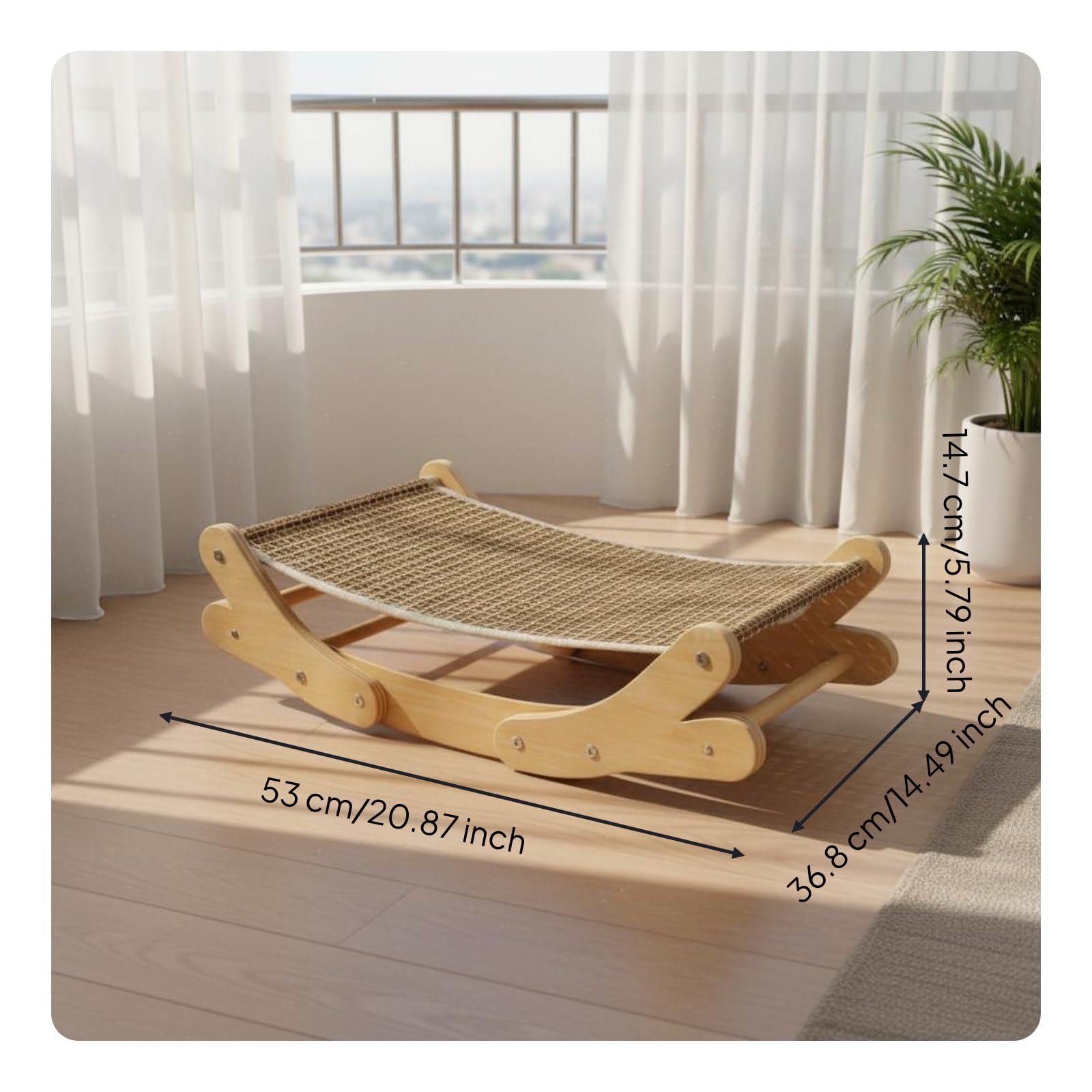 Panier Rafraîchissant pour Chat Nid Tressé Chaise Feline Hamac Courbé Support Bois Surface Respirante Fraîcheur Été, Tapis Jute+Contreplaqué