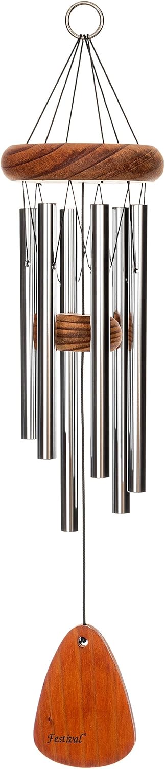 Festival 18-inch Redwood Wind Chime w/Customization in Silver by Wind River for Patio, Backyard, Garden, and Outdoor décor. Made in the USA