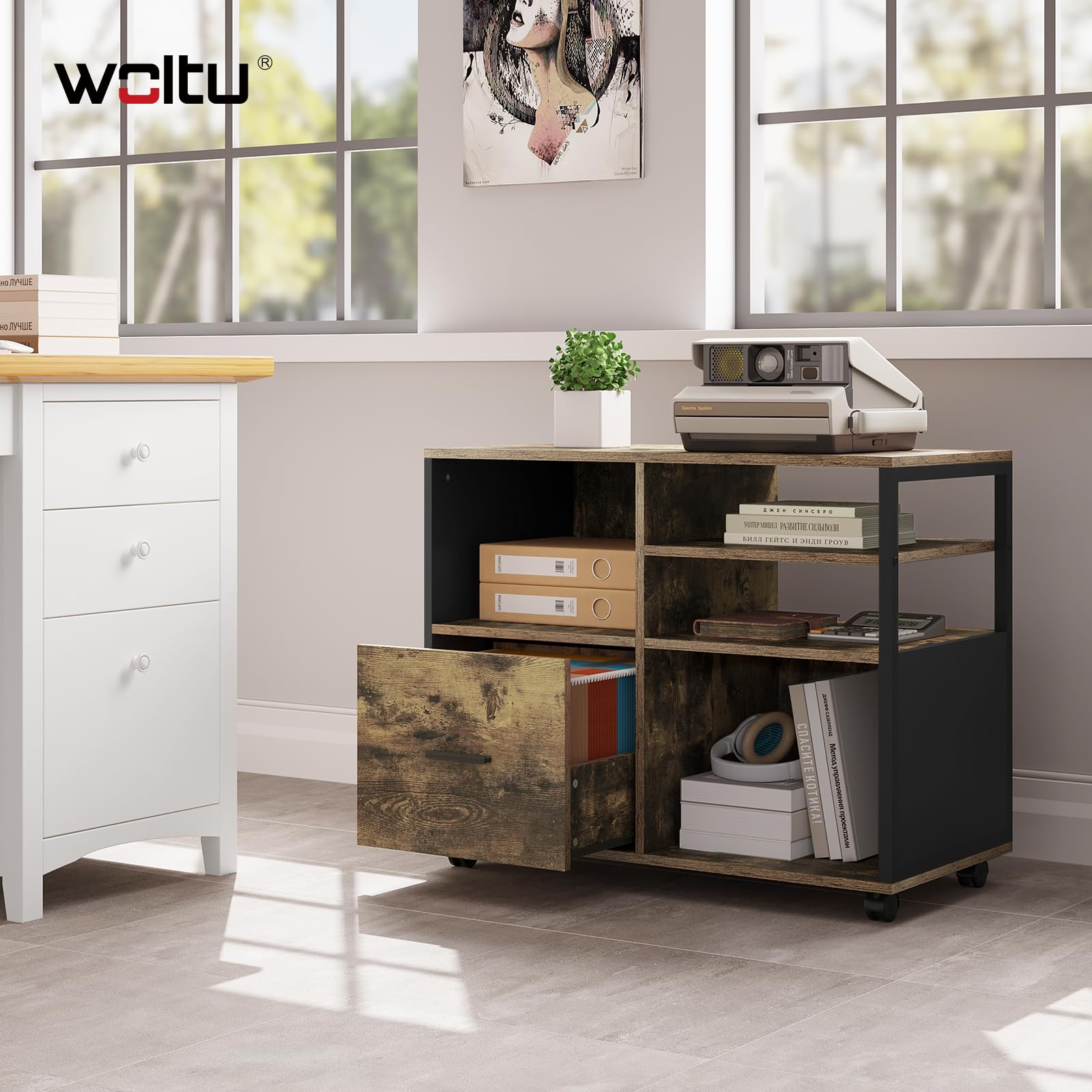 WOLTU Schedario da Ufficio con 4 Scomparti a Giorno, Mobile da Ufficio per Documenti con Ruote, Mobile Vintage per Stampante con 1 Cassetto, in Legno e Metallo, Marrone Rustico e Nero, ASK05hov