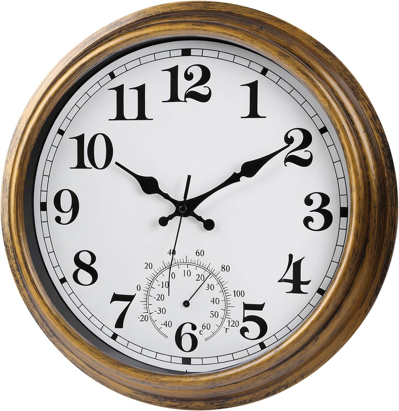 16 Inch Large Outdoor Clock Retro Waterproof Clock Non-Ticking Indoor/Outdoor Wall Clock with Thermometer, Battery Operated for Pool, Patio, Garden, Bronze