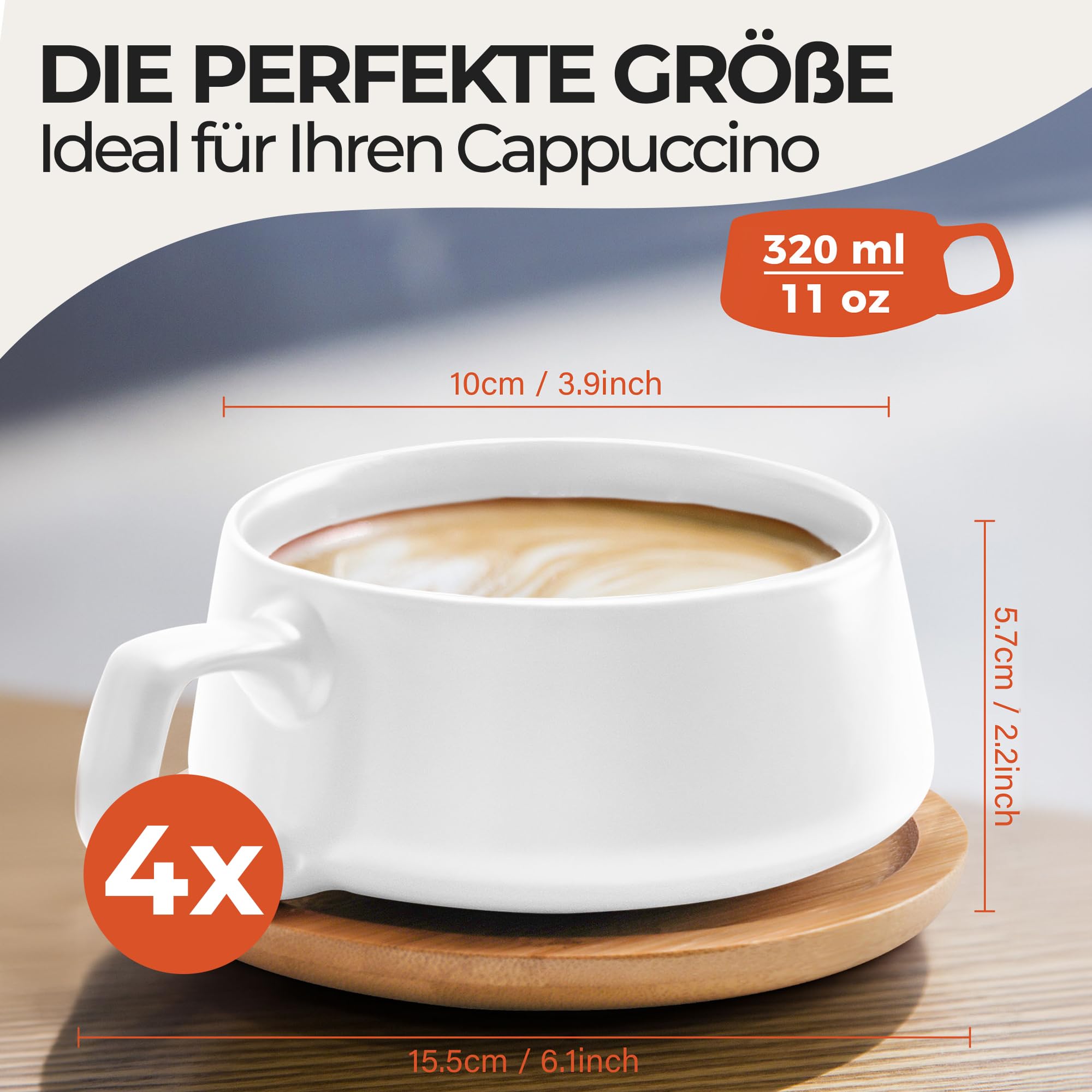 MIAMIO - 4 x 320 ml Kaffeetassen/Cappuccino Tassen mit Unterteller/elegant/modern/Kaffeebecher aus Steingut - Luxe Kollektion 4er Set (Cremeweiß)