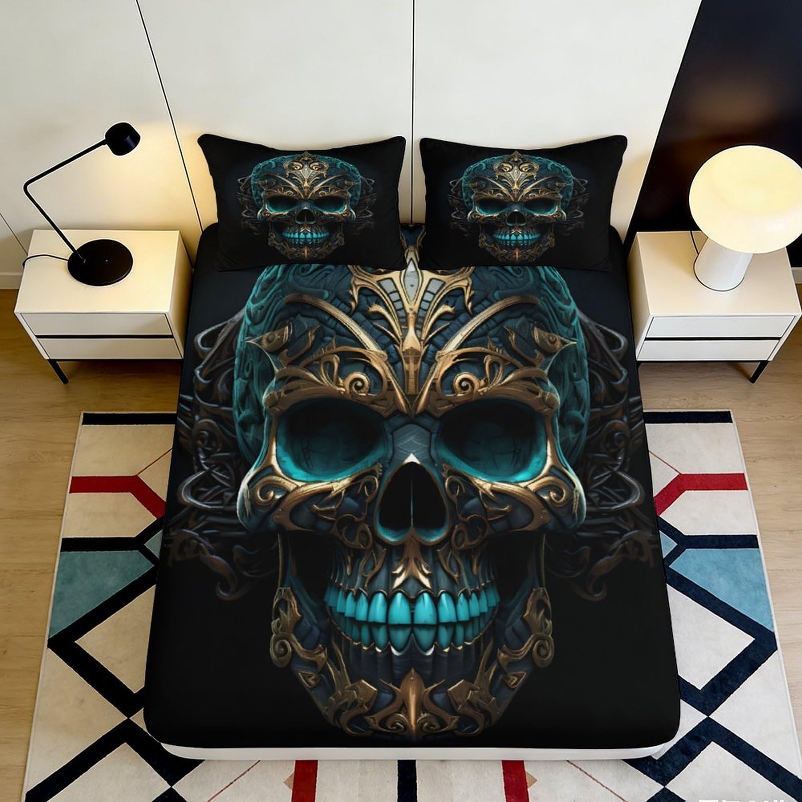 3D Printed Gothic Skull Fitted Sheet Microfiber Durable Breathable Mechanical Skull Bed Cover Perfect for Bedroom Dormitory Guest Room 120x200x25cm