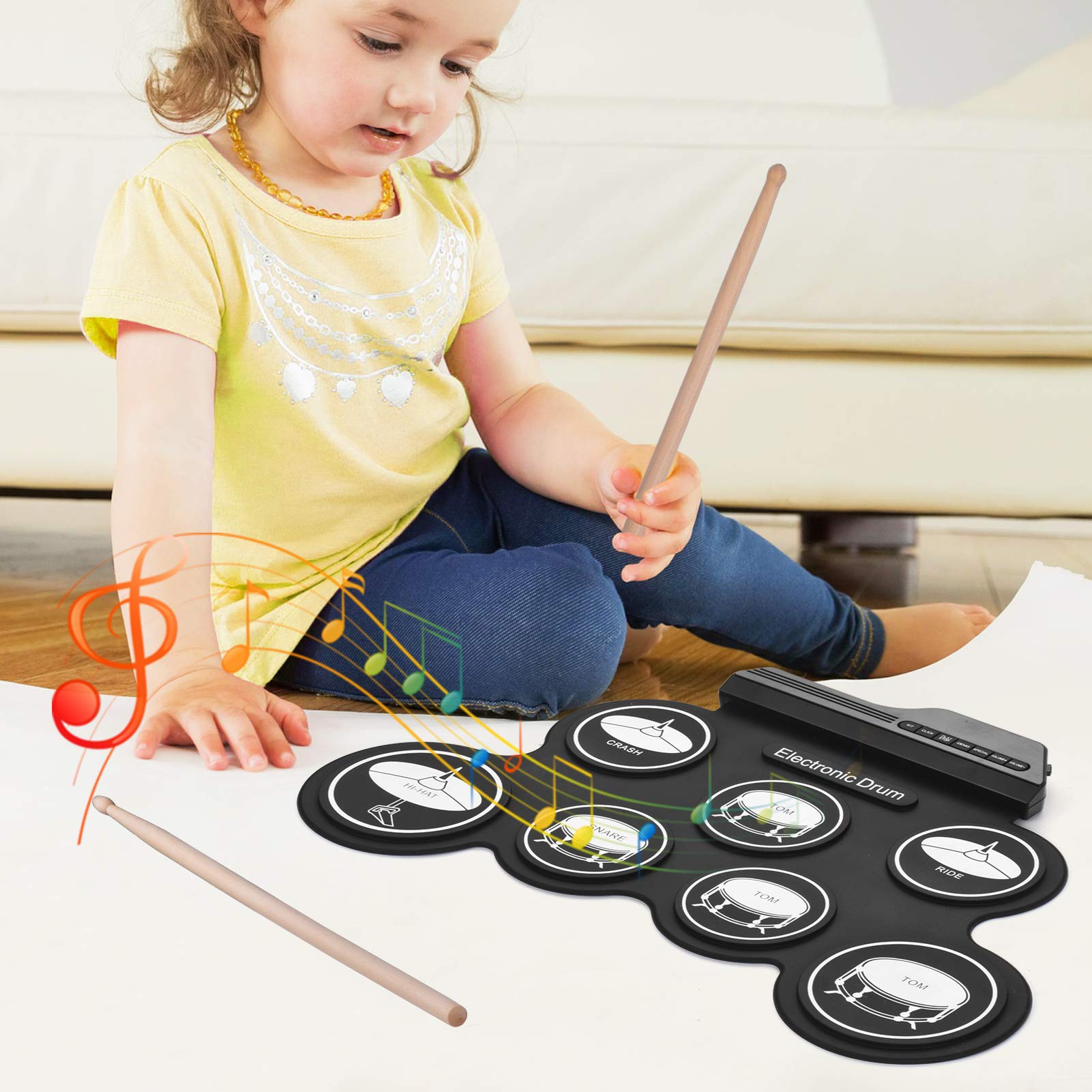 Batteria elettronica compatta USB roll-up in silicone con 7 pastiglie, pedali, digitale, per principianti e bambini