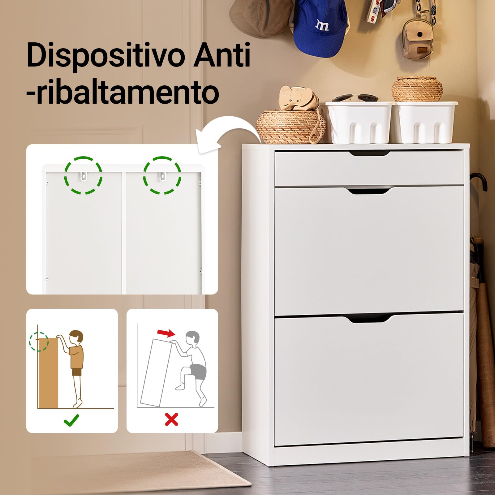 SoBuy Scarpiera Salvaspazio Slim con Cassetto, Scarpiera Bianca, Moderna e Pratica, Facile da Montare, Ideale per Spazi Ridotti - Bianco, 60x30x90 cm - Modello FSR180-W