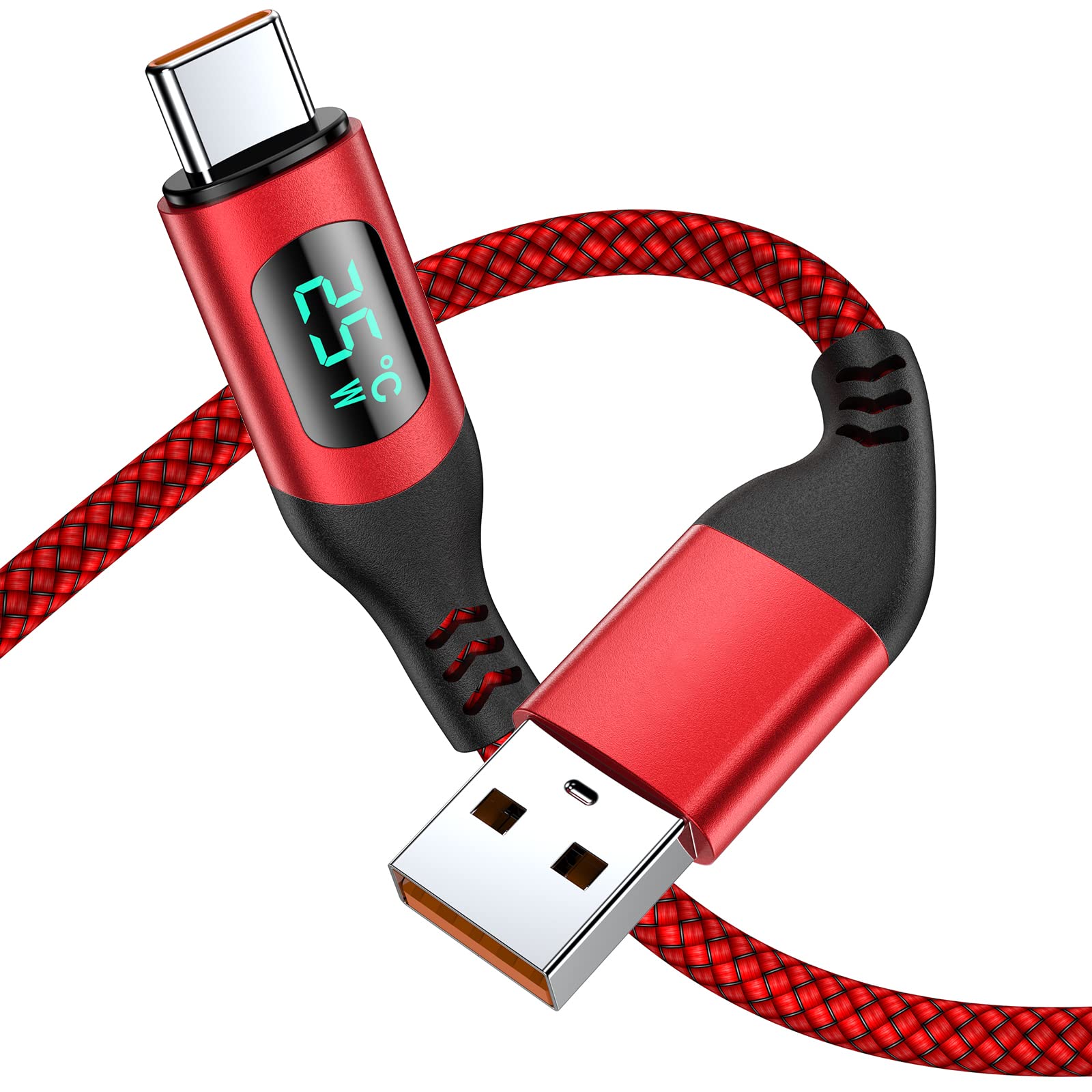 Photo 1 of 2 PACK USB Type-C Cable 6FT 3A Fast Charging Bkrtondsy Smart Safety Temperature Control Data Cable Nylon Braided 75°?167°F ?Intelligent Automatic Power LED Display Outage Watts Temperature (Red and Black)