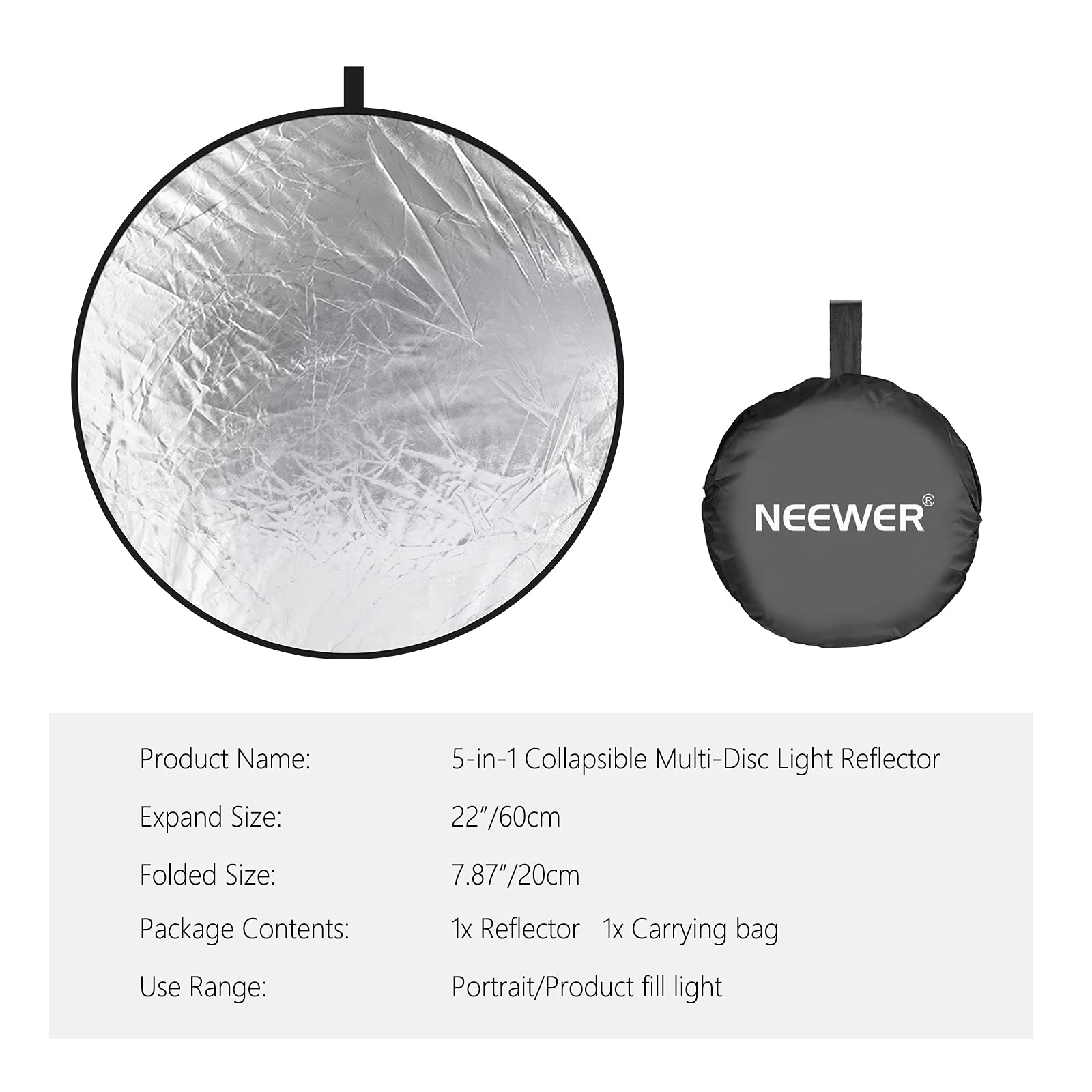 NEEWER 22 Inch/60 Centimeter Light Reflector Light Diffuser 5 in 1 Collapsible Multi Disc with Bag - Translucent, Silver, Gold, White, and Black for Studio Photography Lighting and Outdoor Lighting
