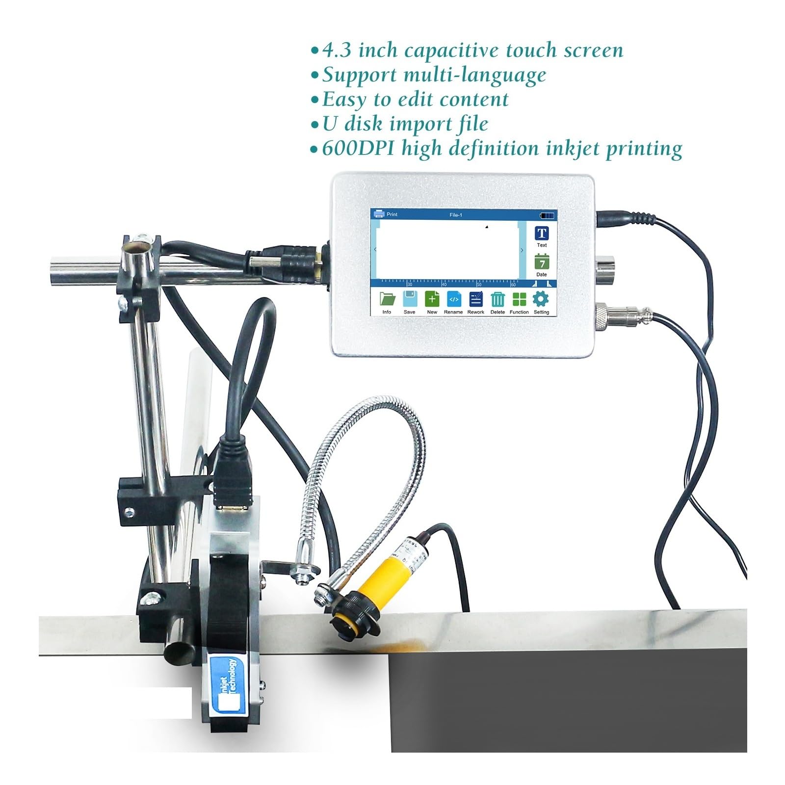 Impresora de inyección de Tinta Industrial en línea de 4,3'' (12,7/25,4 mm) for codificación de códigos de Barras QR, números de Lote para Texto Código de Barras(25.4mm-1 Nozzle)