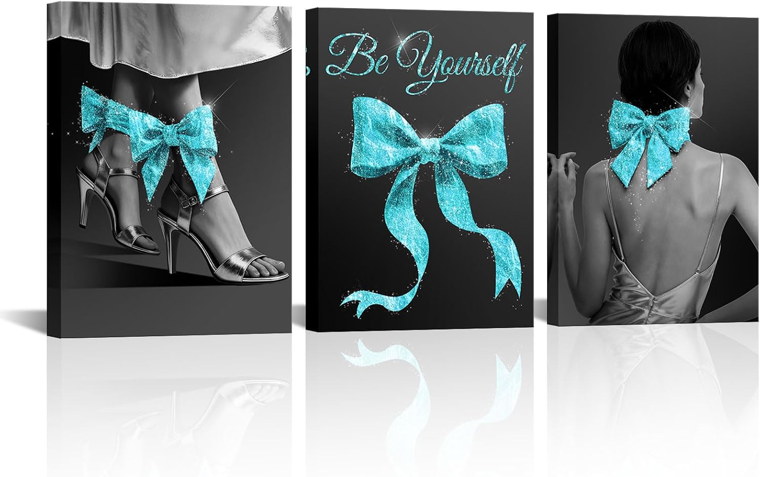 OuElegent Black and White Canvas Wall Art with Teal Glitter Bow, 3 Panel Modern Fashion Print Set, Be Yourself Theme Decor (teal)