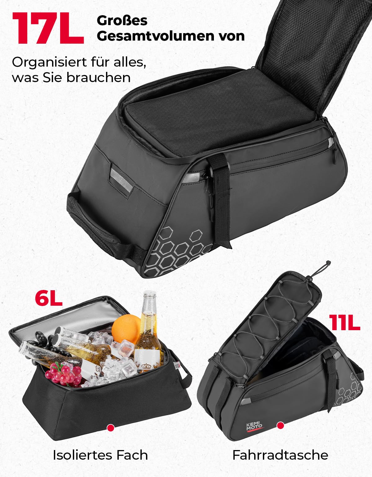 KEMIMOTO 2 IN 1 Fahrradtasche mit Kühlfunktion, 17L Kapazität - 11L Gepäckträgertasche mit Abnehmbarer 6L Isoliertasche, Mehrere Fächer, mit Tragegriff und Schultergurt, Fahrrad Taschen hinten
