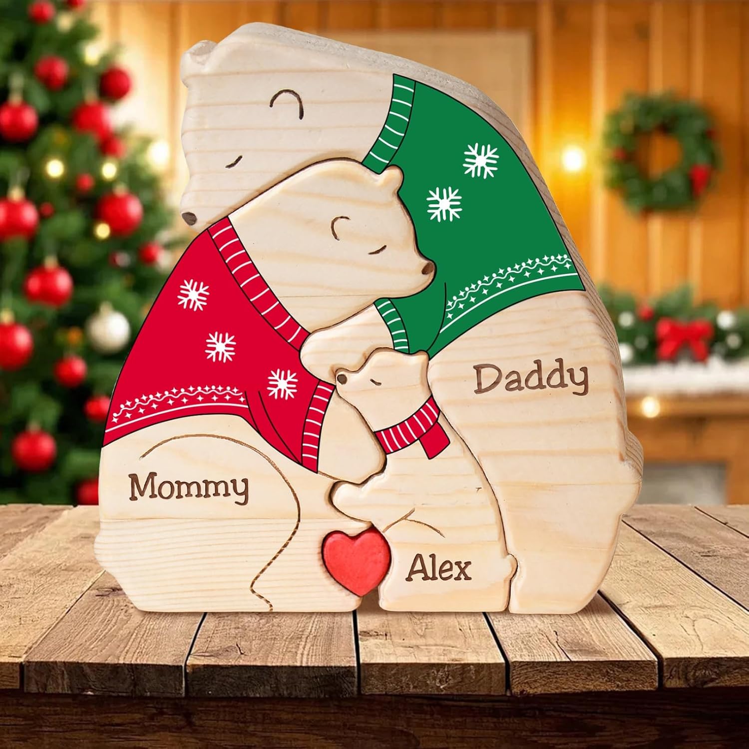 Personalized Wooden Hugging Bears Family Puzzle Custom Mama Bear Puzzle with 2-6 Names Christmas Sweater Bears Puzzles Gifts for Mom Dad House Warming Home Decor