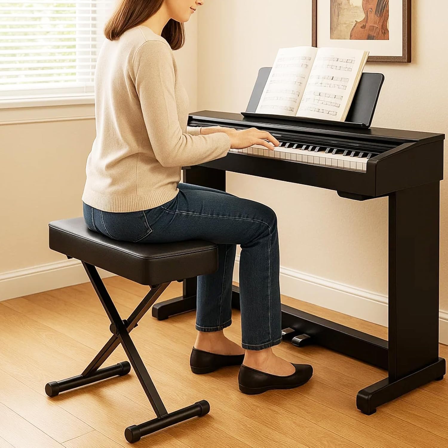 Generisch Klavierhocker Höhenverstellbar, Faltbarer Flexibilität Keyboardhocker mit Gepolsterter Sitzfläche, Stabiler Klavierstuhl aus Stahl, rutschfest & Tragbar