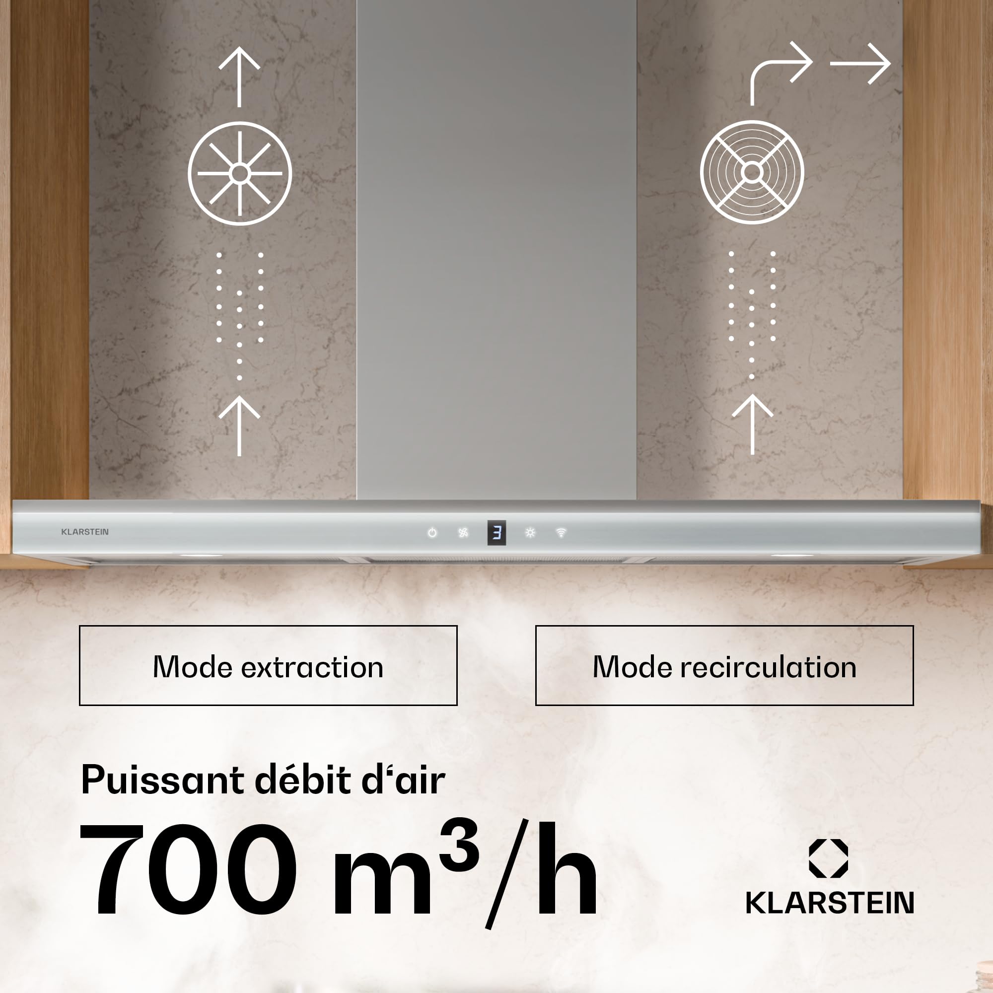 Klarstein Auriana Hotte Murale - 90cm Hotte Aspirante, Débit 700 m³/h, A+ Énergie, Éclairage LED 6000K, WiFi & Tactile, Silencieuse 56 dB, Filtre à Charbon, Noir