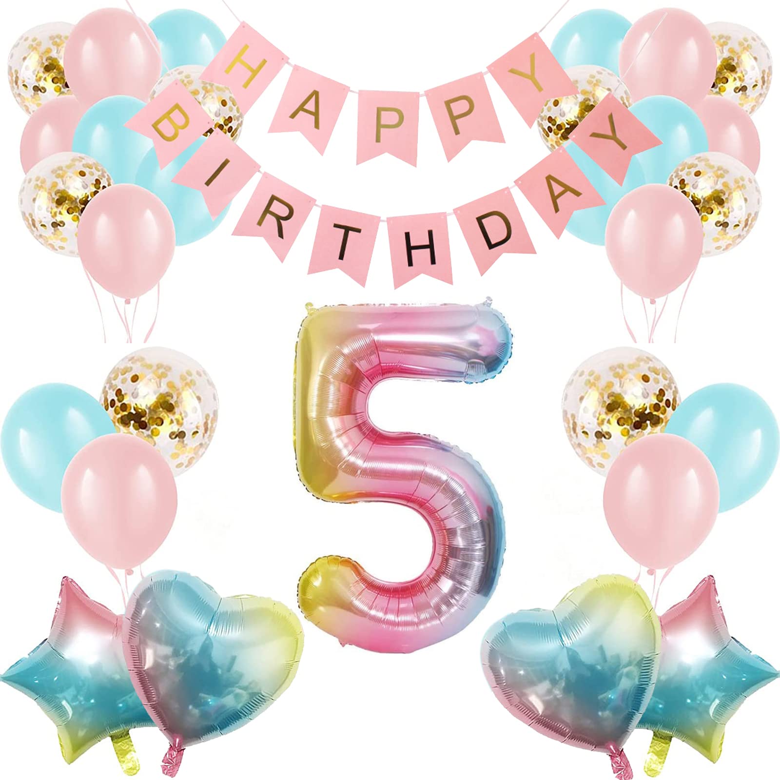 Girl 5th Birthday Decorations Gradient Color Age 5 Balloon Arch Kit with 40 inch Number 5 Foil Balloon Happy Birthday Banner & 28 Latex Balloons for Fifth Birthday Party (5th Birthday Balloon Set)