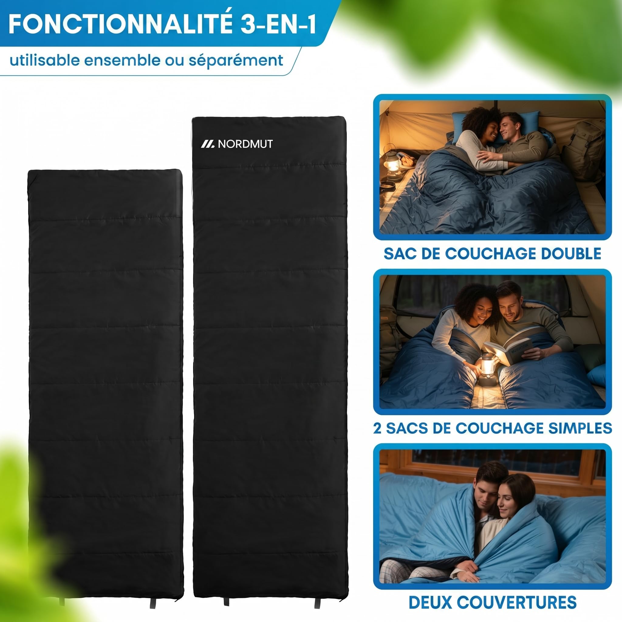 NORDMUT® Sac de Couchage Double XXL avec Fermeture éclair YKK à Double Sens Premium – Sac de Couchage Douillet 2 Personnes Extra Large & Grand – avec Isolation optimale