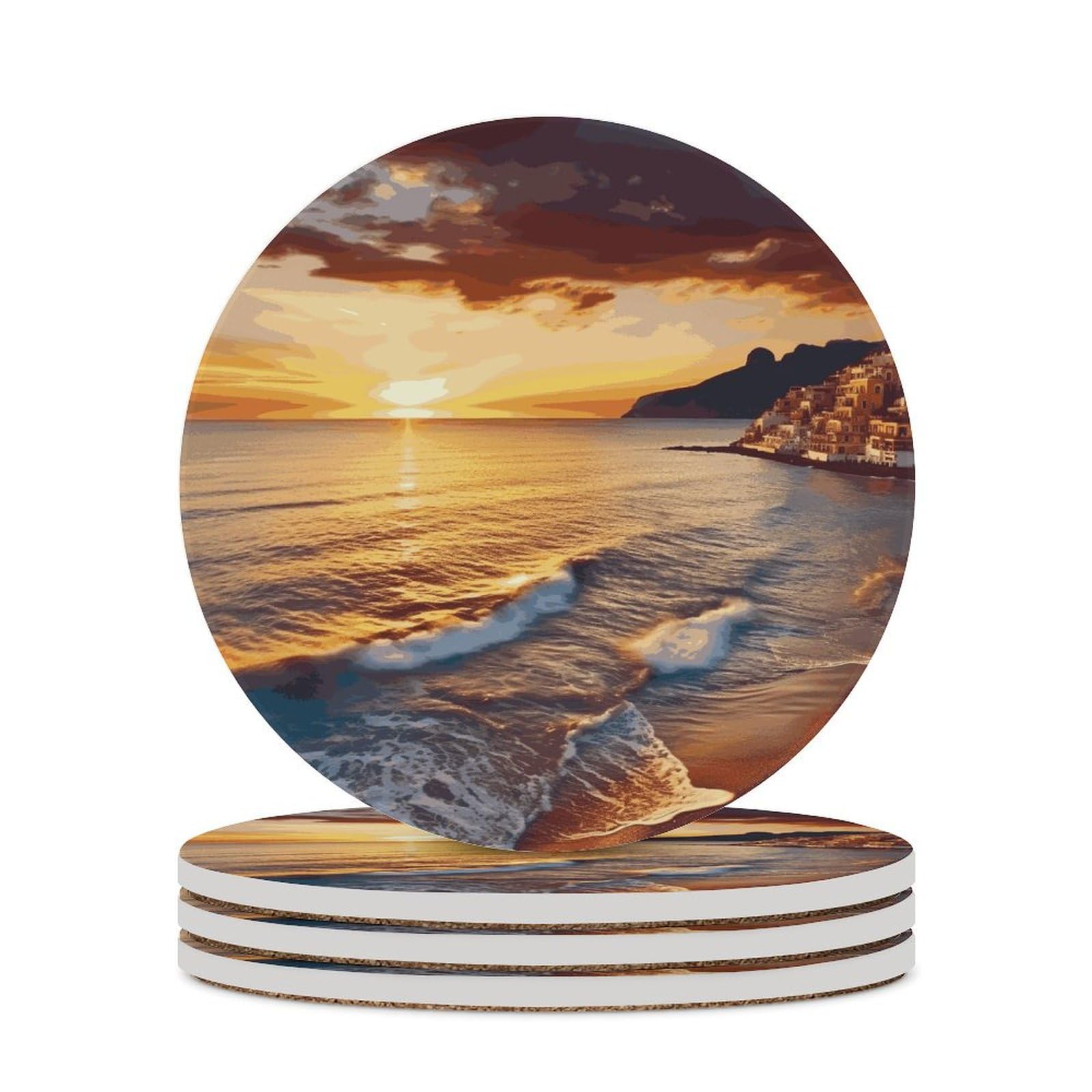 Seaside Sunset Coaster with Cork Base Drink Coasters for Coffee Table Decor Modern Cup Coasters with Non-Slip & Heat-Resistant Cute Ceramic Table Coaster for Home Dining