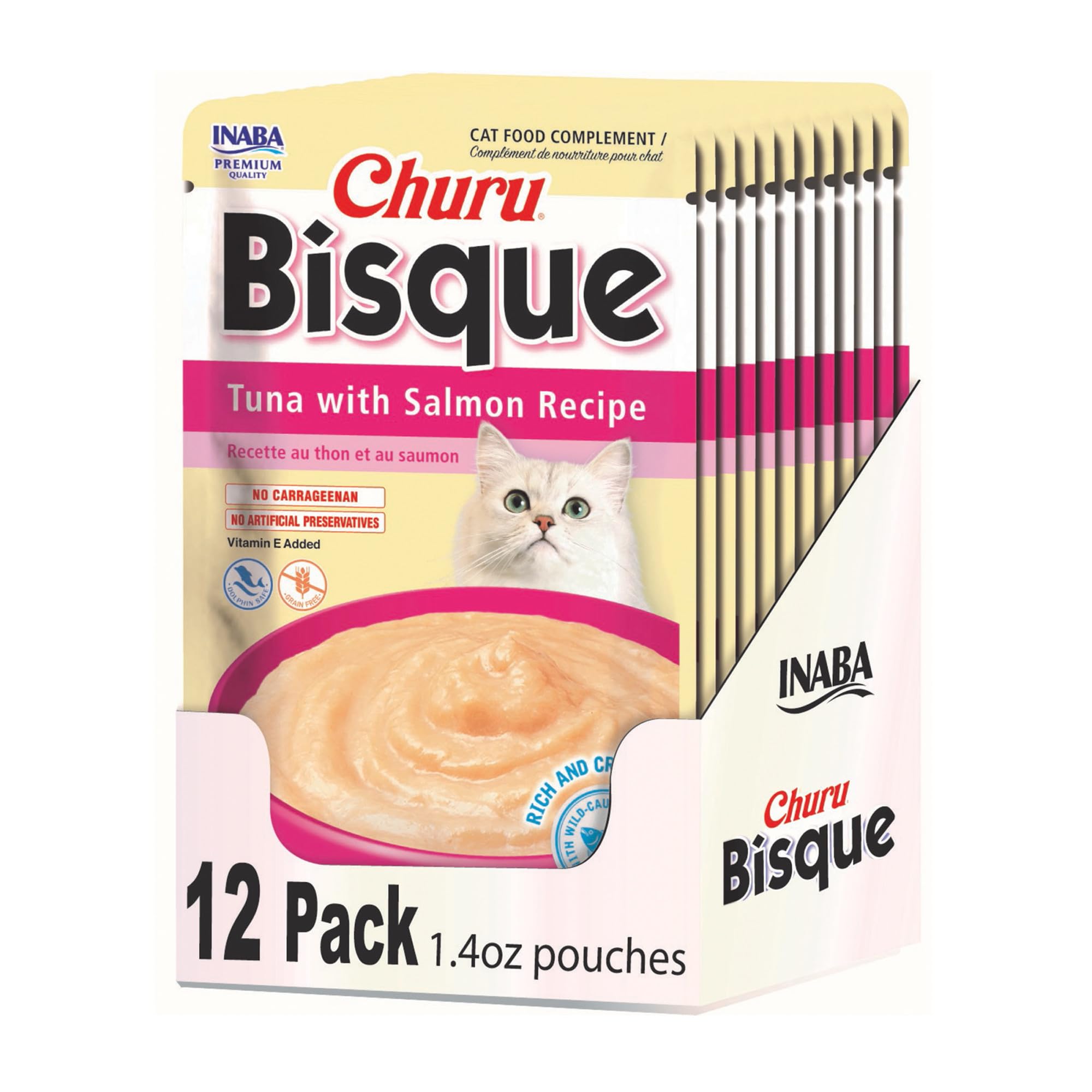 INABA Churu Bisque for Cats, Creamy Lickable Purée Side Dish with Vitamin E, 1.4 Ounces per Pouch, 12 Pouches, Tuna with Salmon Recipe