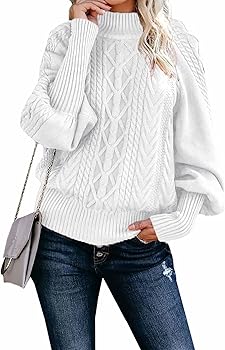 Dokotoo Womens Winter Casual Long Sleeve Solid Color Cable Knit Balloon Sleeve Mock Neck Sweater