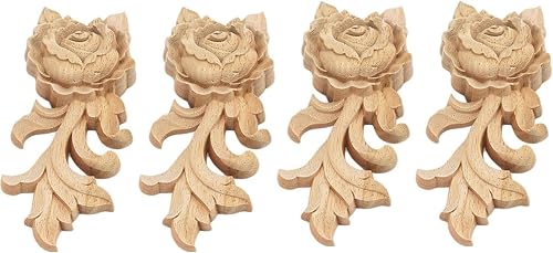 4 piezas de apliques de madera tallada en madera Onlays Onlays DIY tallados muebles apliques Onlays sin pintar centro tallado calcomanía para puerta